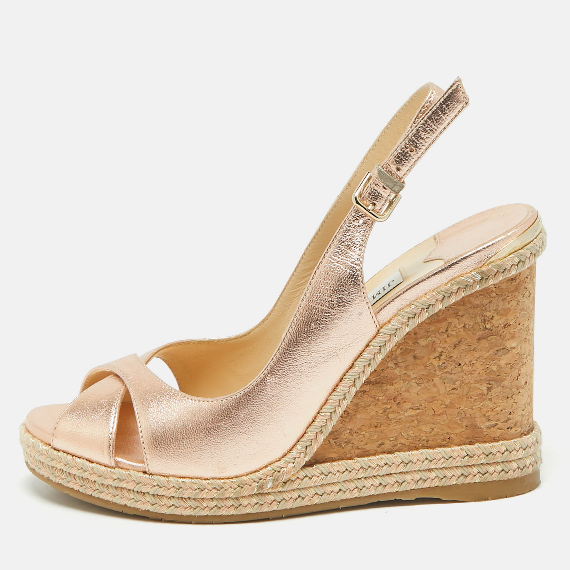 

Jimmy Choo Metallic Leather Cork Wedge Sandals Size