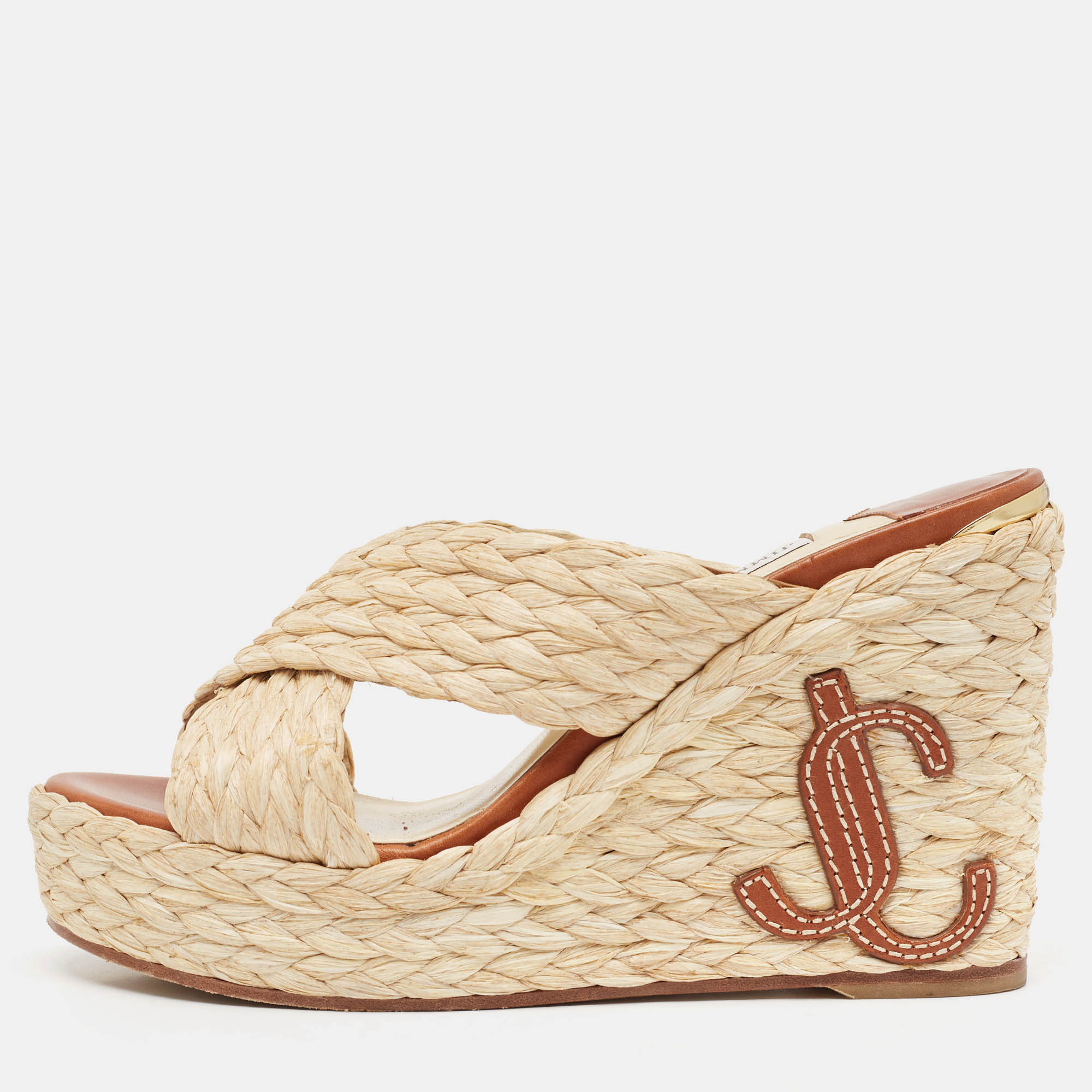 

Jimmy Choo Beige Raffia Dovina Wedge Sandals Size