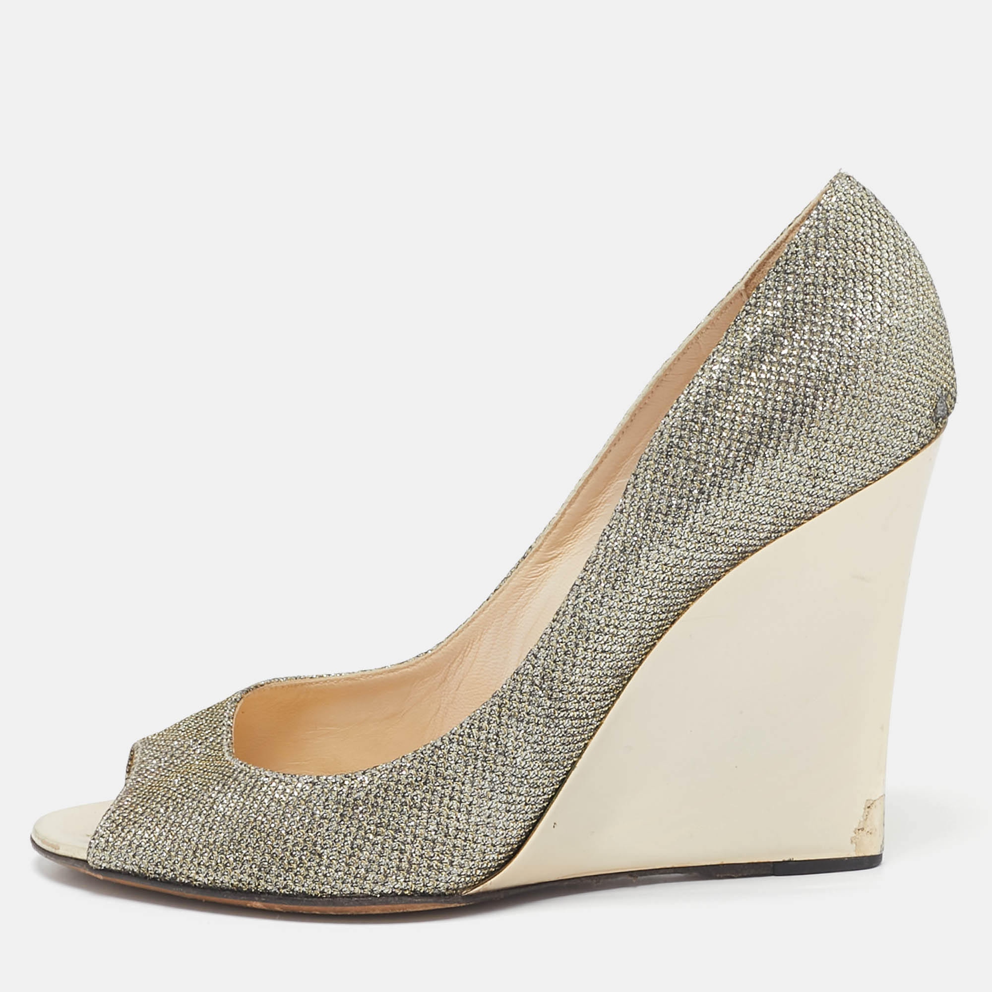 

Jimmy Choo Metallic Glitter Baxen Wedge Pumps Size