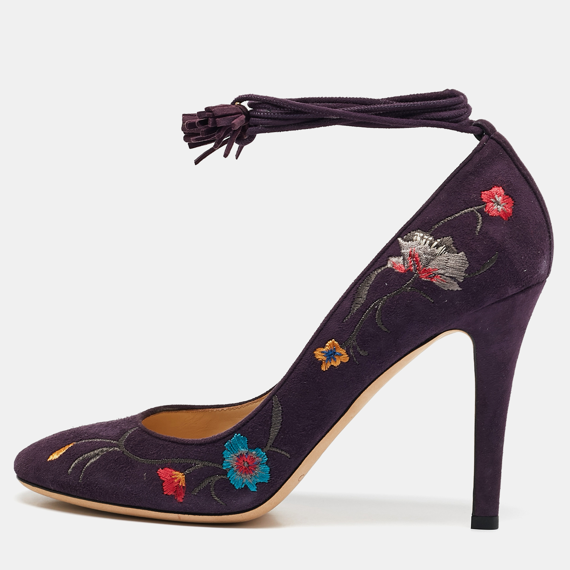 

Jimmy Choo Purple Suede Floral Embroidered Chelan Ankle Wrap Pumps Size