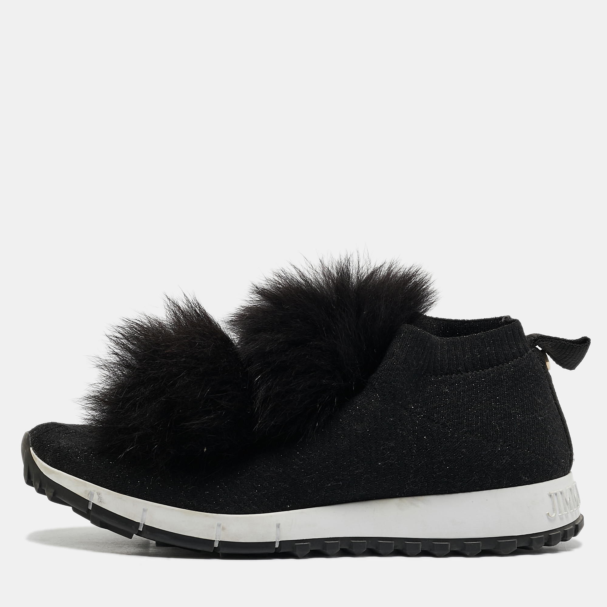 

Jimmy Choo Black Knit Fabric and Fur Pom Pom Norway Slip On Sneakers Size