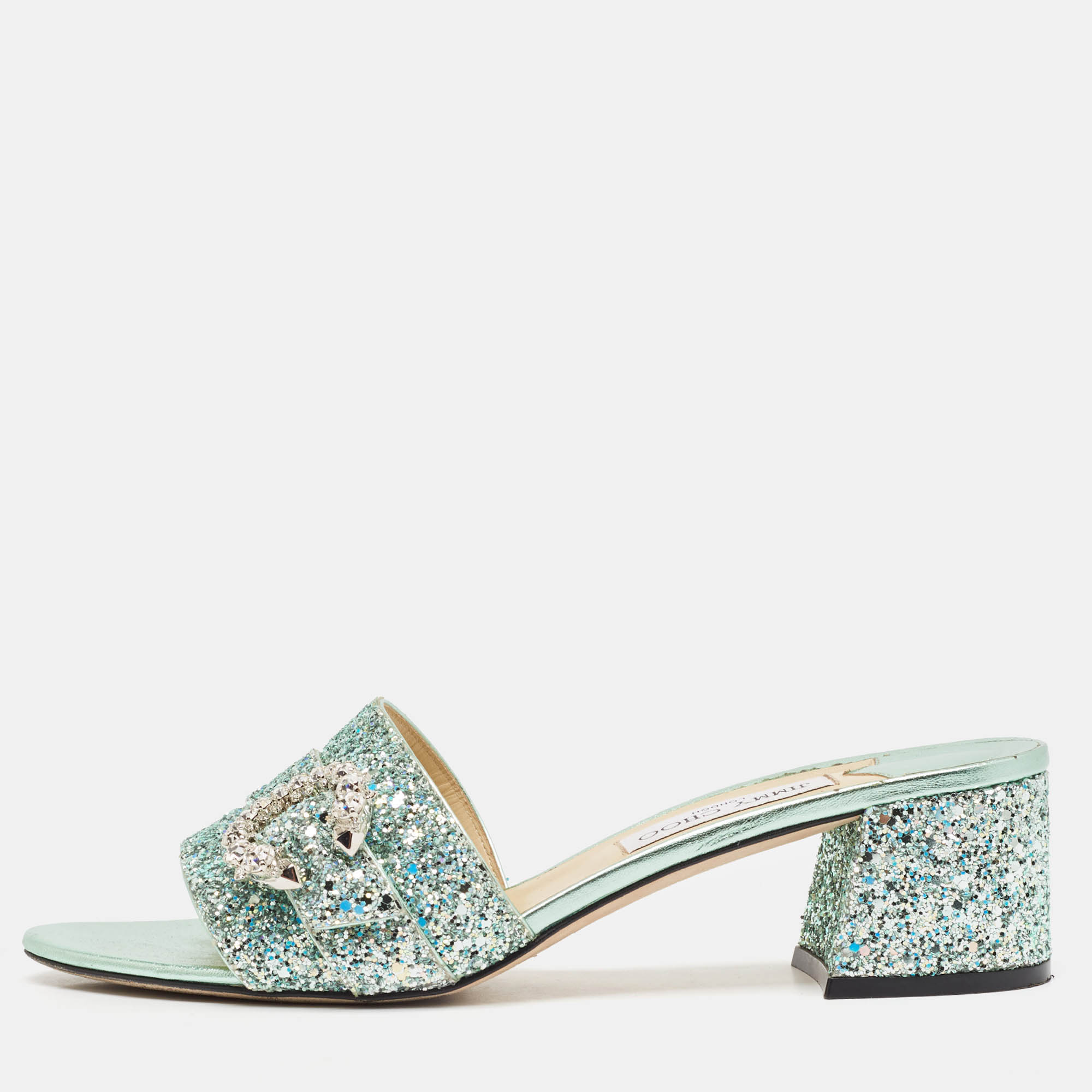 

Jimmy Choo Green Glitter Crystal Embellished Slide Sandals Size