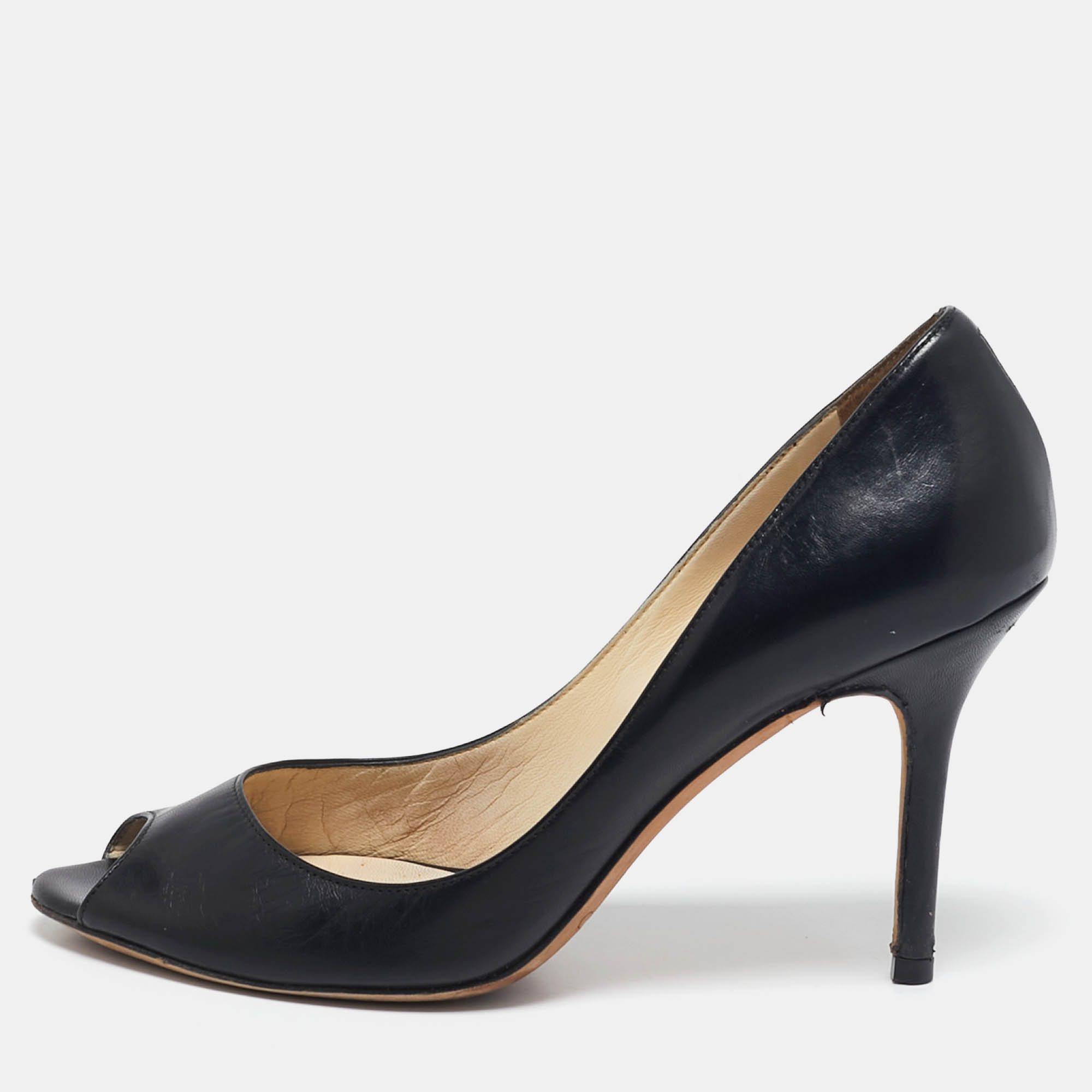 

Jimmy Choo Black Leather Isabel Peep Toe Pumps Size