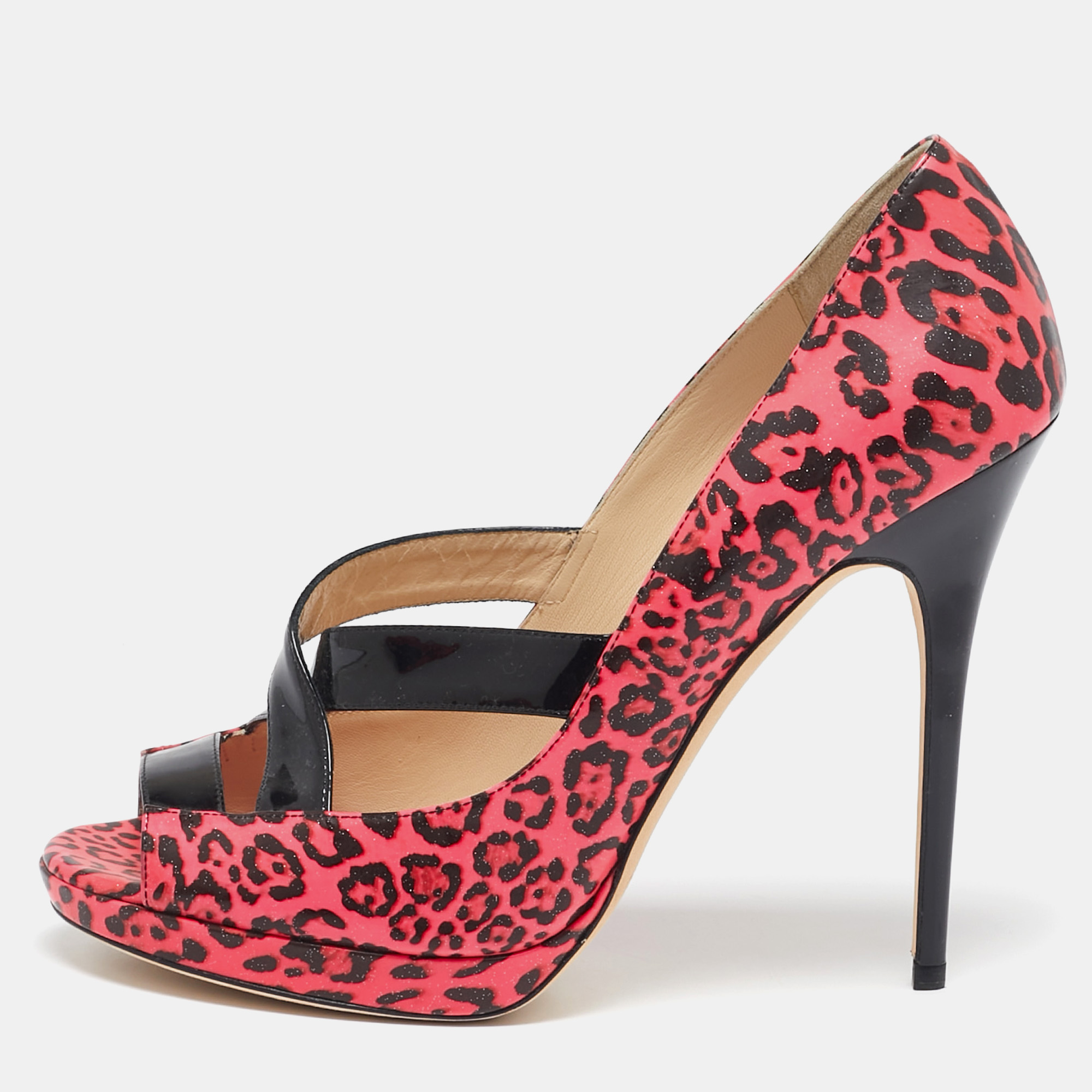 

Jimmy Choo Black/Pink Leopard Print Patent Leather Open Toe Pumps Size