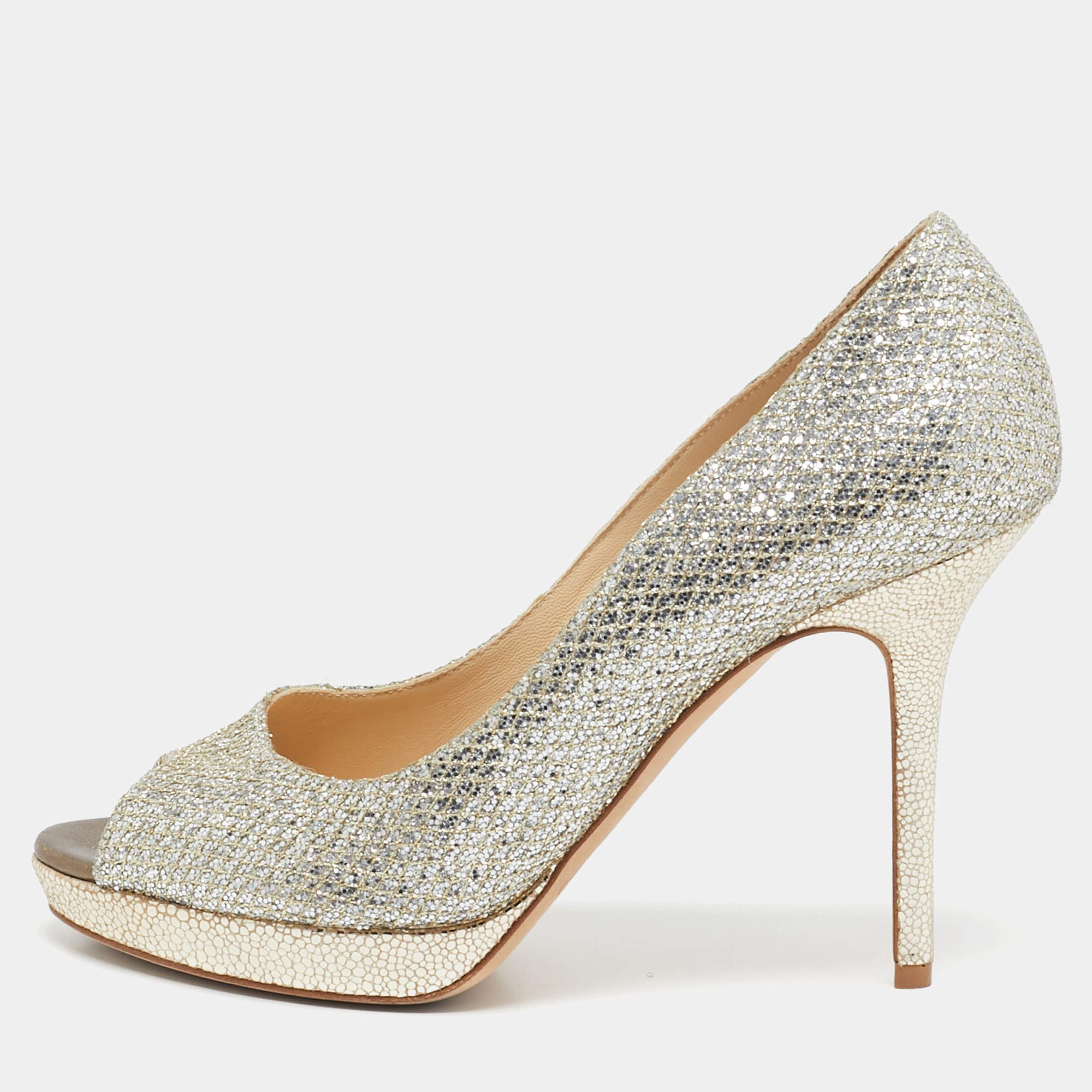 

Jimmy Choo Silver Glitter Dahlia Peep Toe Pumps Size