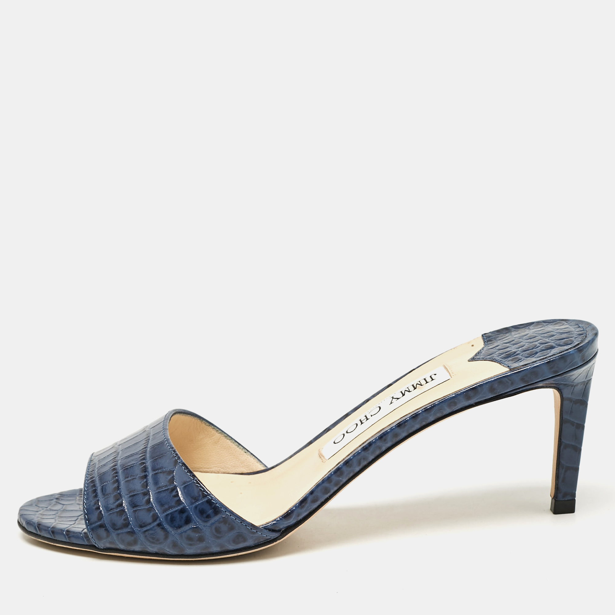 

Jimmy Choo Blue Croc Embossed Leather Stacey Slide Sandals Size