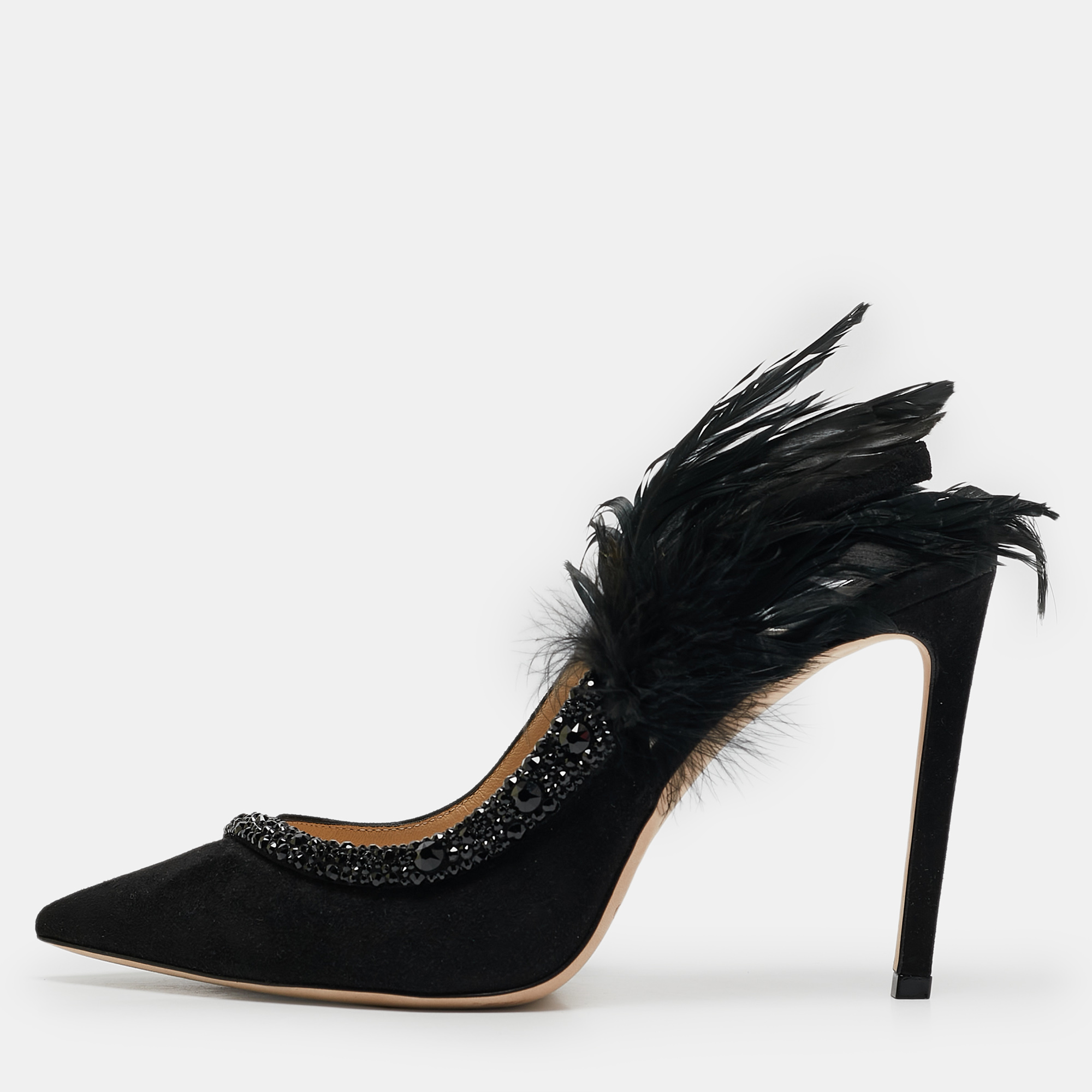 

Jimmy Choo Black Suede and Feather Tacey Slingback Pumps Size