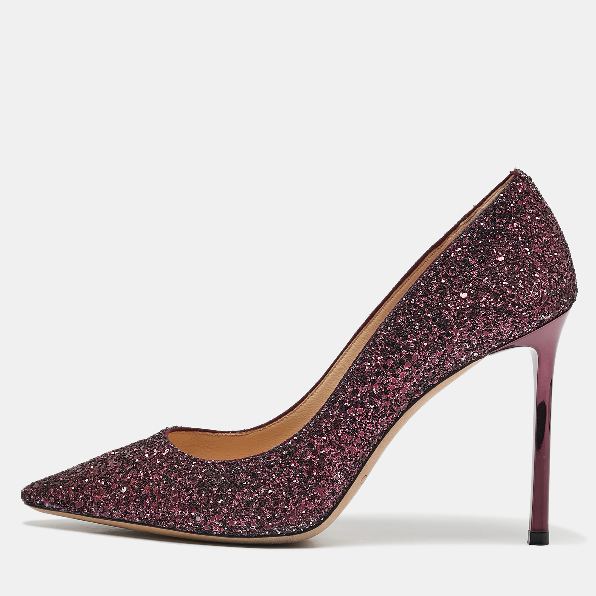 

Jimmy Choo Purple Glitter Romy Pumps Size