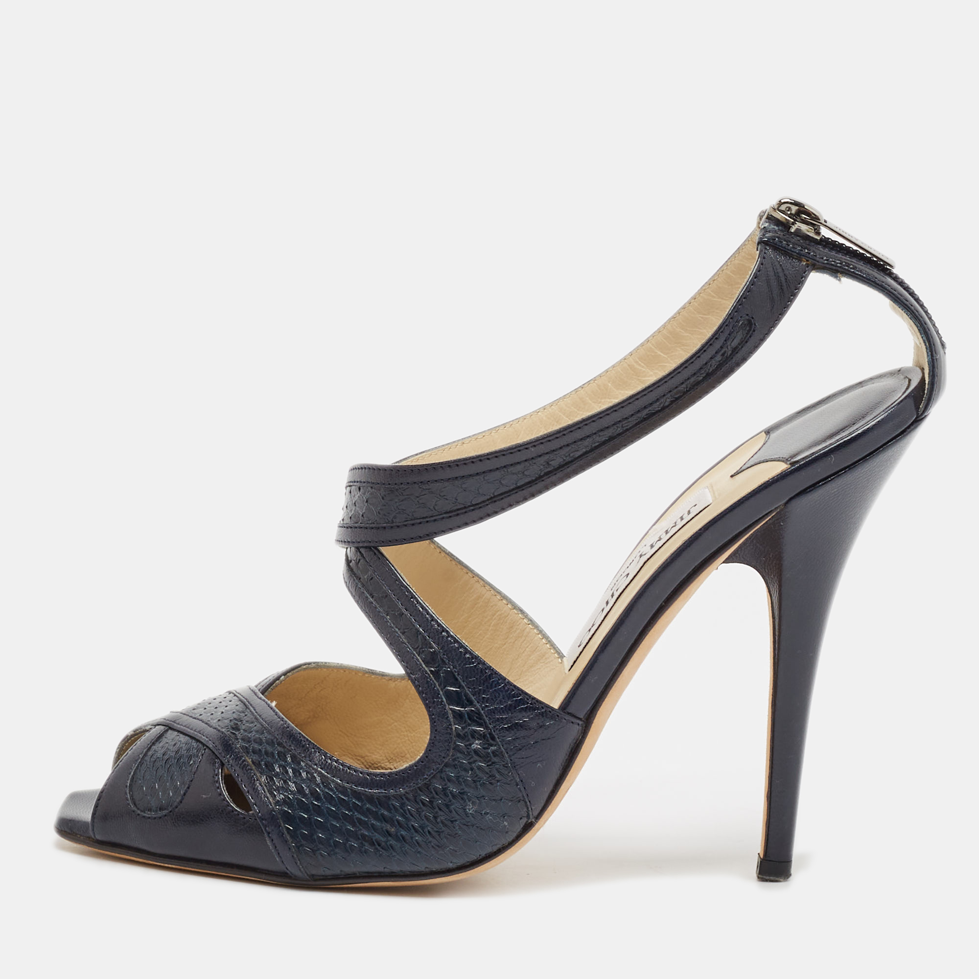 

Jimmy Choo Navy Blue Leather and Snakeskin Leather Criss Cross Sandals Size