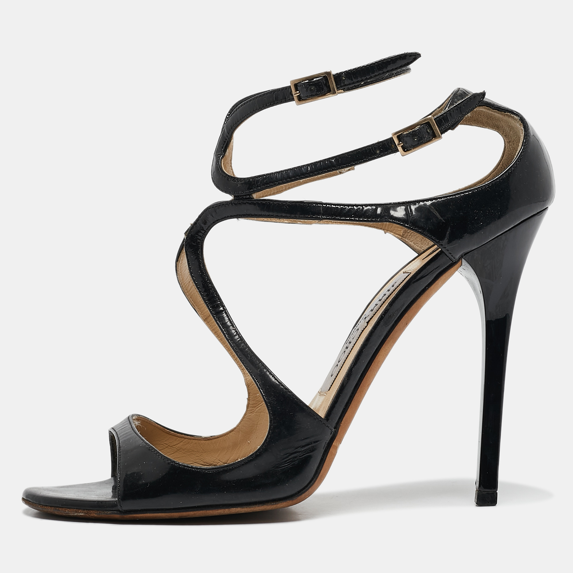 

Jimmy Choo Black Patent Leather Ankle Strap Sandals Size