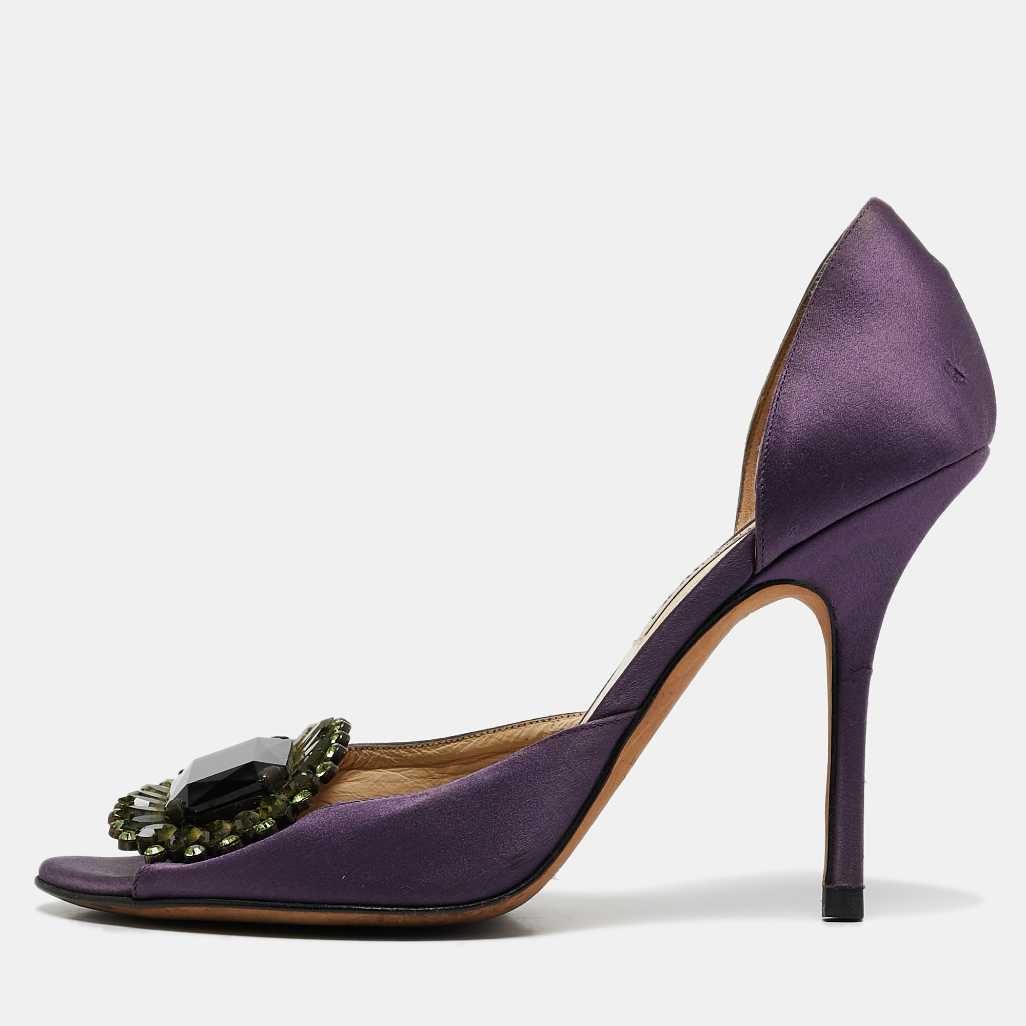 

Jimmy Choo Purple Satin Kendal Open Toe Pumps Size