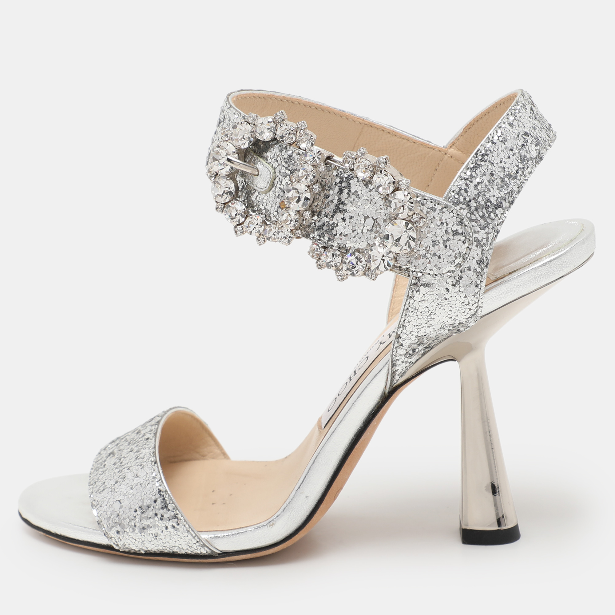 

Jimmy Choo Silver Glitter Ankle Strap Sandals Size 35