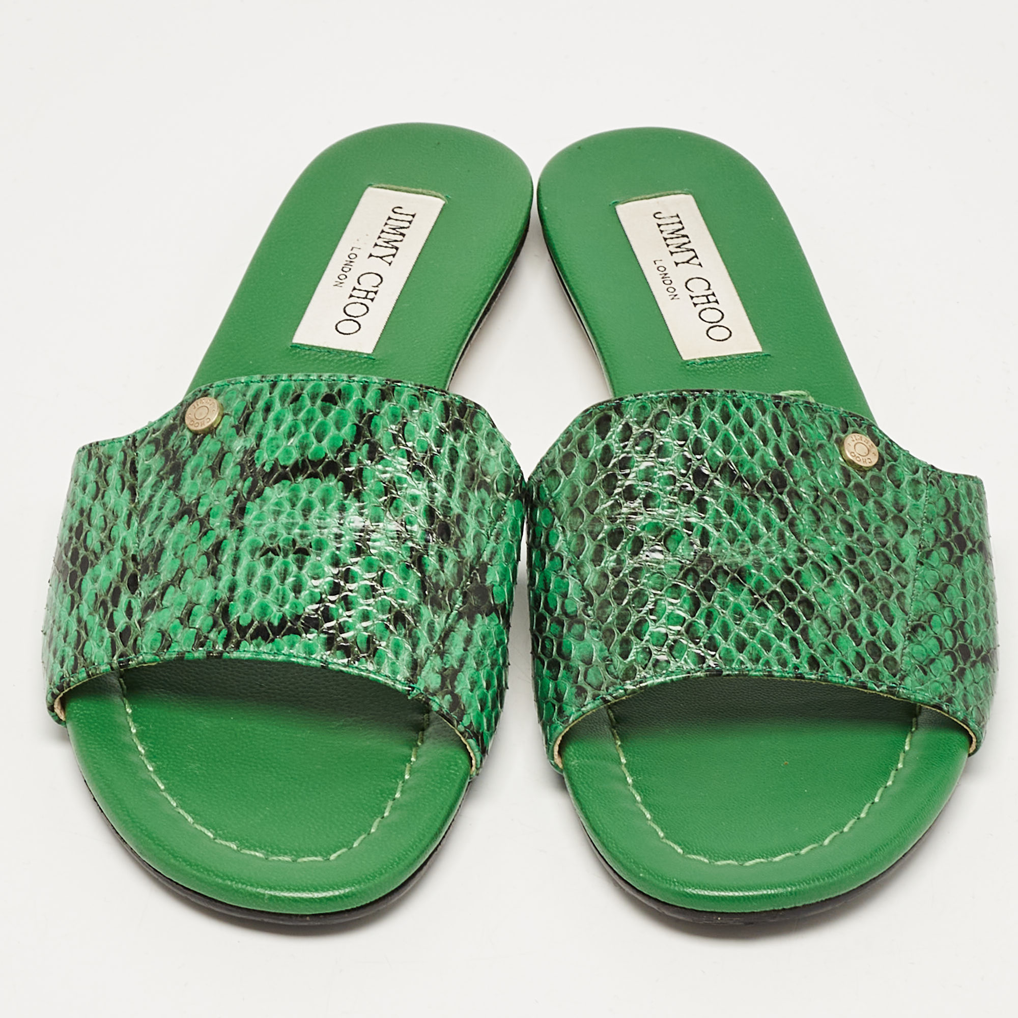 Jimmy Choo Green Python Leather Nanda Flat Sandals Size 38 