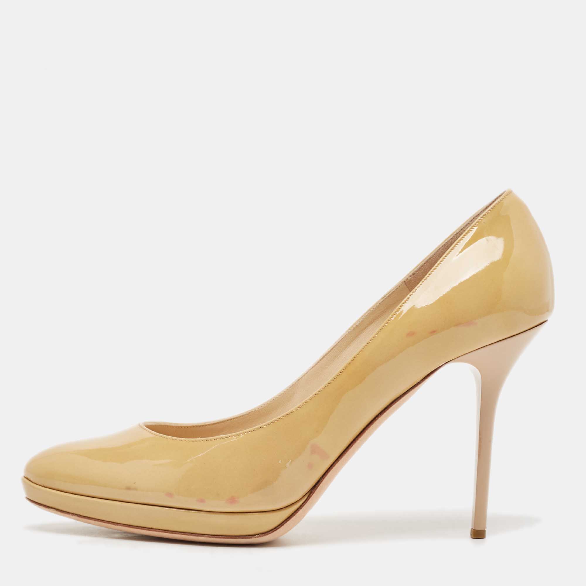 

Jimmy Choo Beige Patent Leather Platform Pumps Size