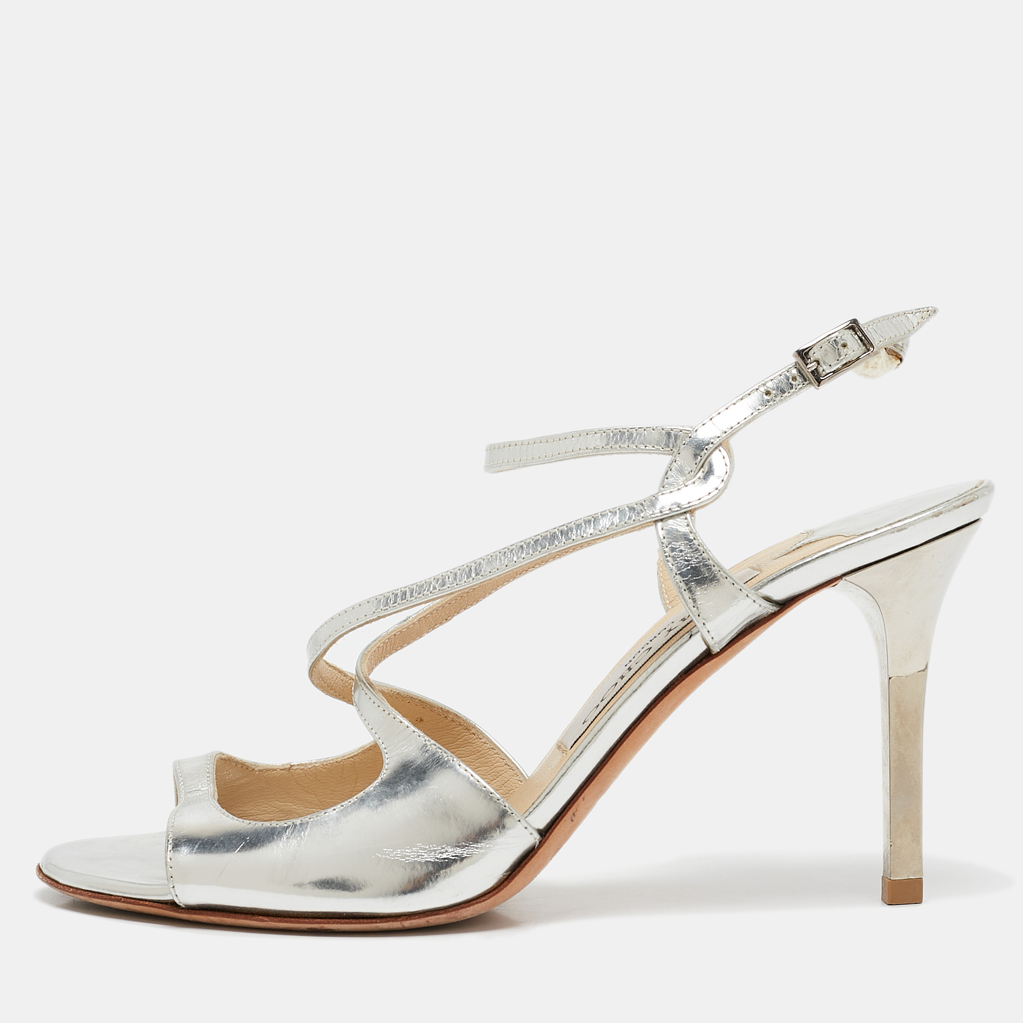 

Jimmy Choo Silver Mirror Leather Paxton Cross Strap Sandals Size