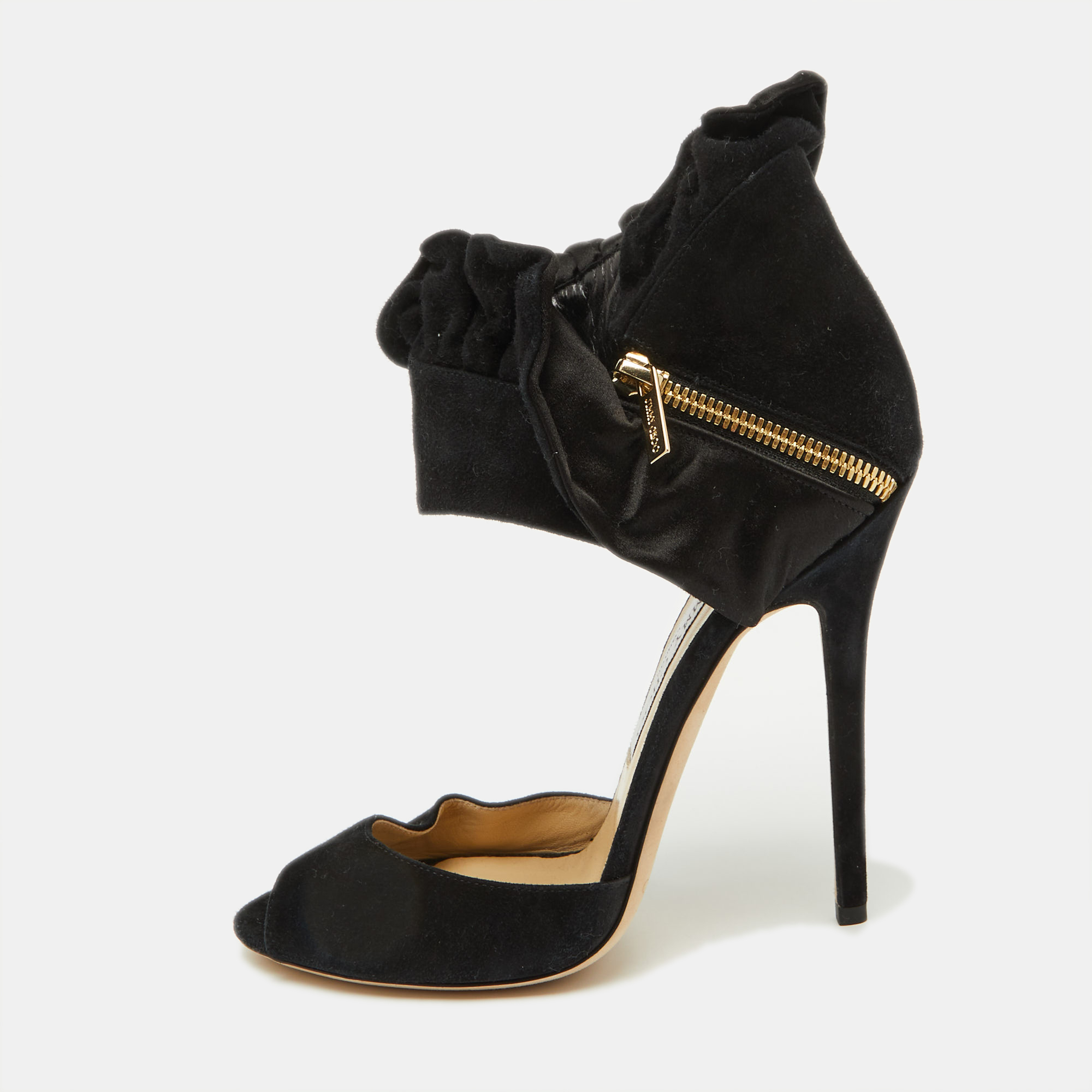 

Jimmy Choo Black Suede and Satin Ruffle Ankle Strap Sandals Size