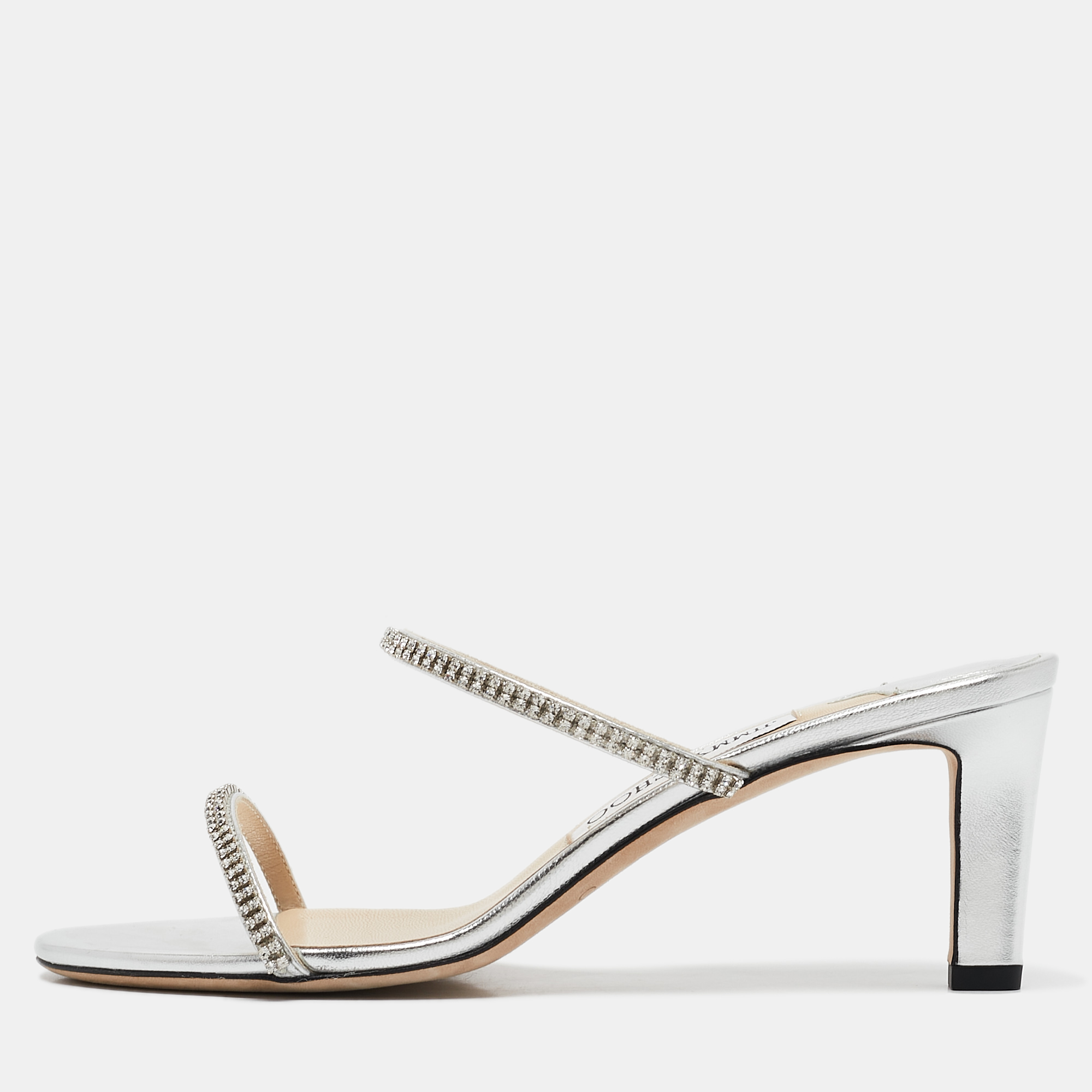 

Jimmy Choo Silver Leather Crystal Embellished Slide Sandals Size