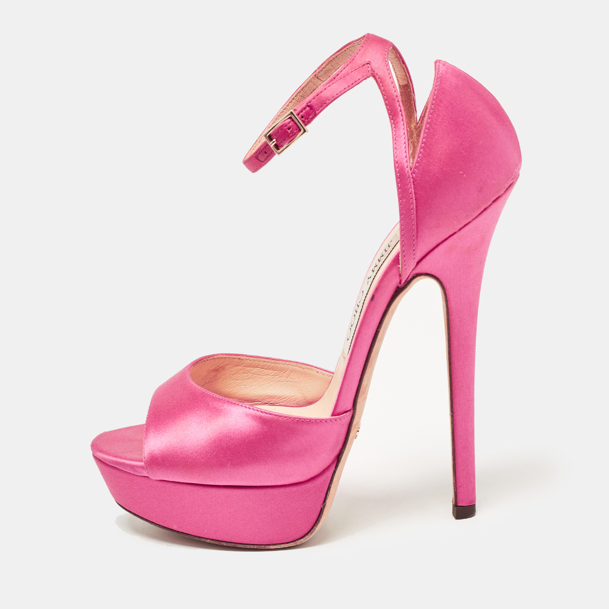 

Jimmy Choo Pink Satin Ankle Strap Platform Sandals Size