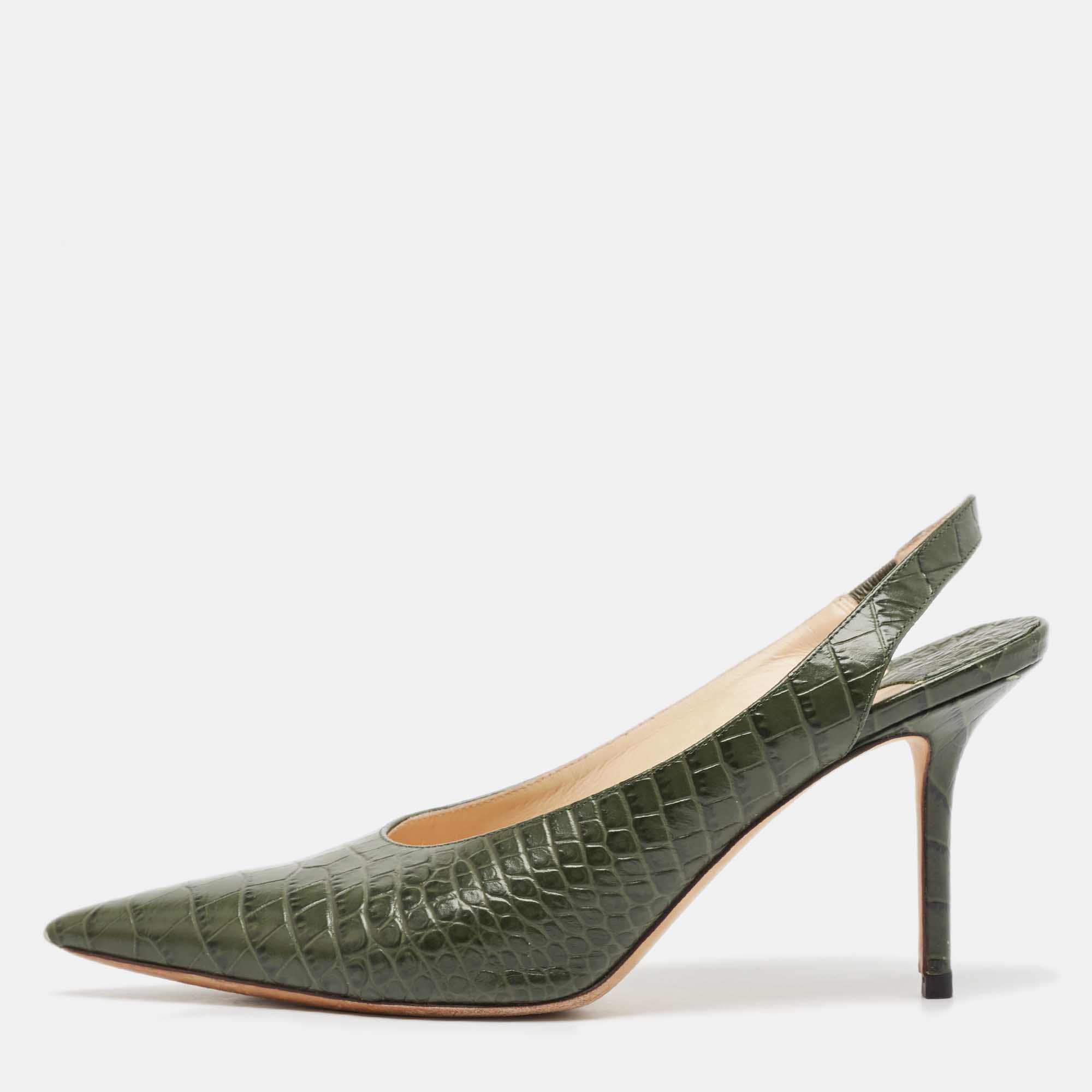 

Jimmy Choo Green Croc Embossed Leather Thandi Slingback Pumps Size