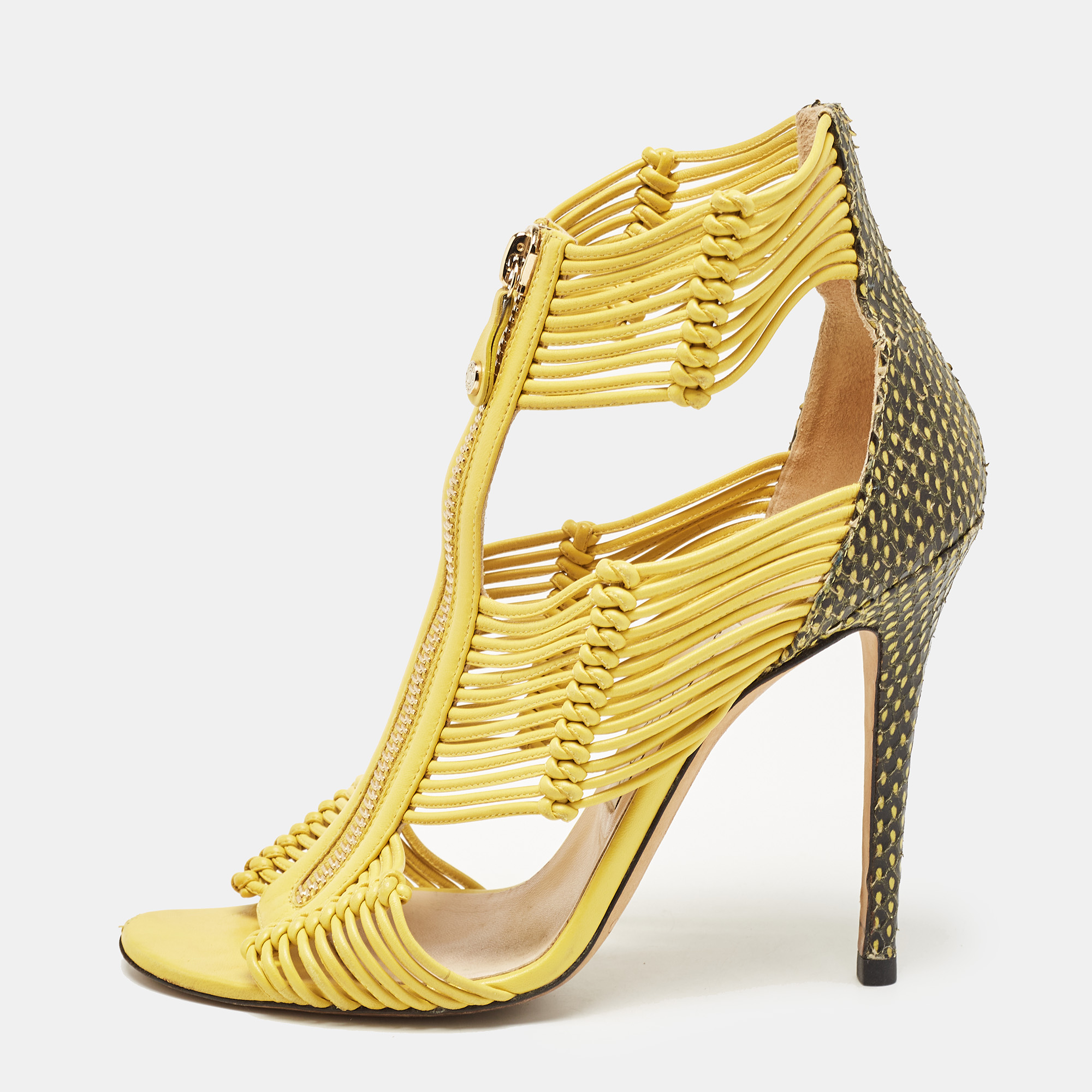 

Jimmy Choo Yellow Leather and Snakeskin Embossed Leather Kattie Ankle Strap Sandals Size