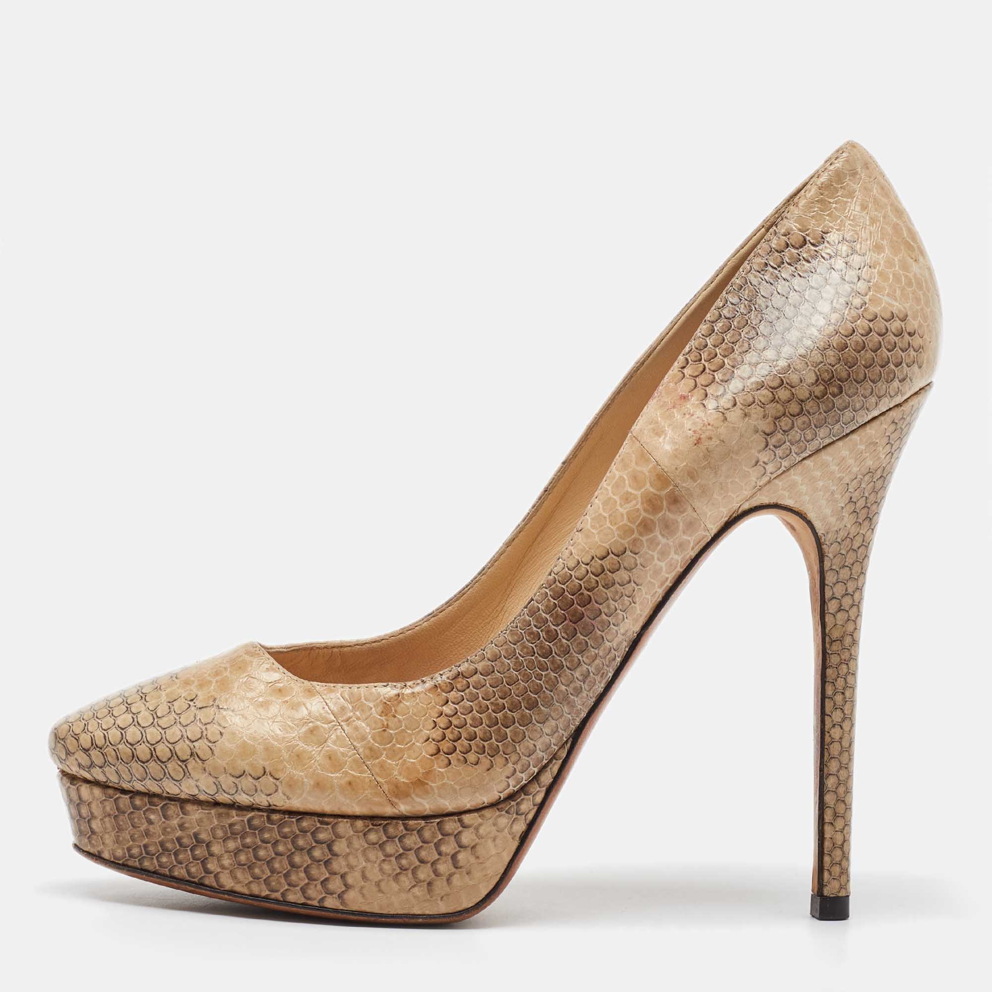 

Jimmy Choo Beige/Brown Watersnake Leather Cosmic Volume Platform Pumps Size