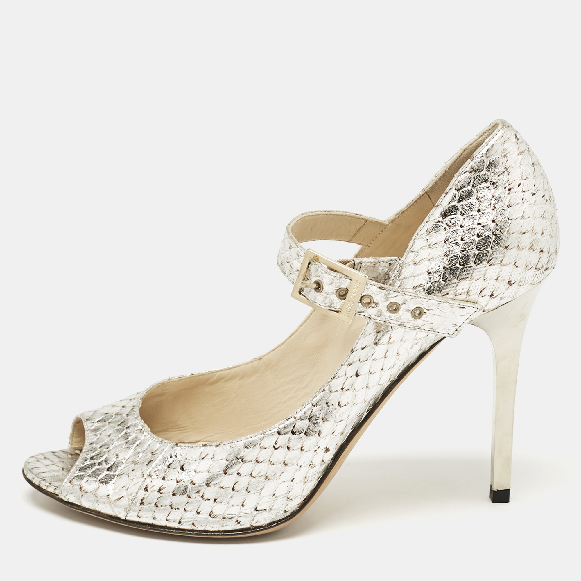 

Jimmy Choo Silver Python Embossed Leather Mary Jane Pumps Size