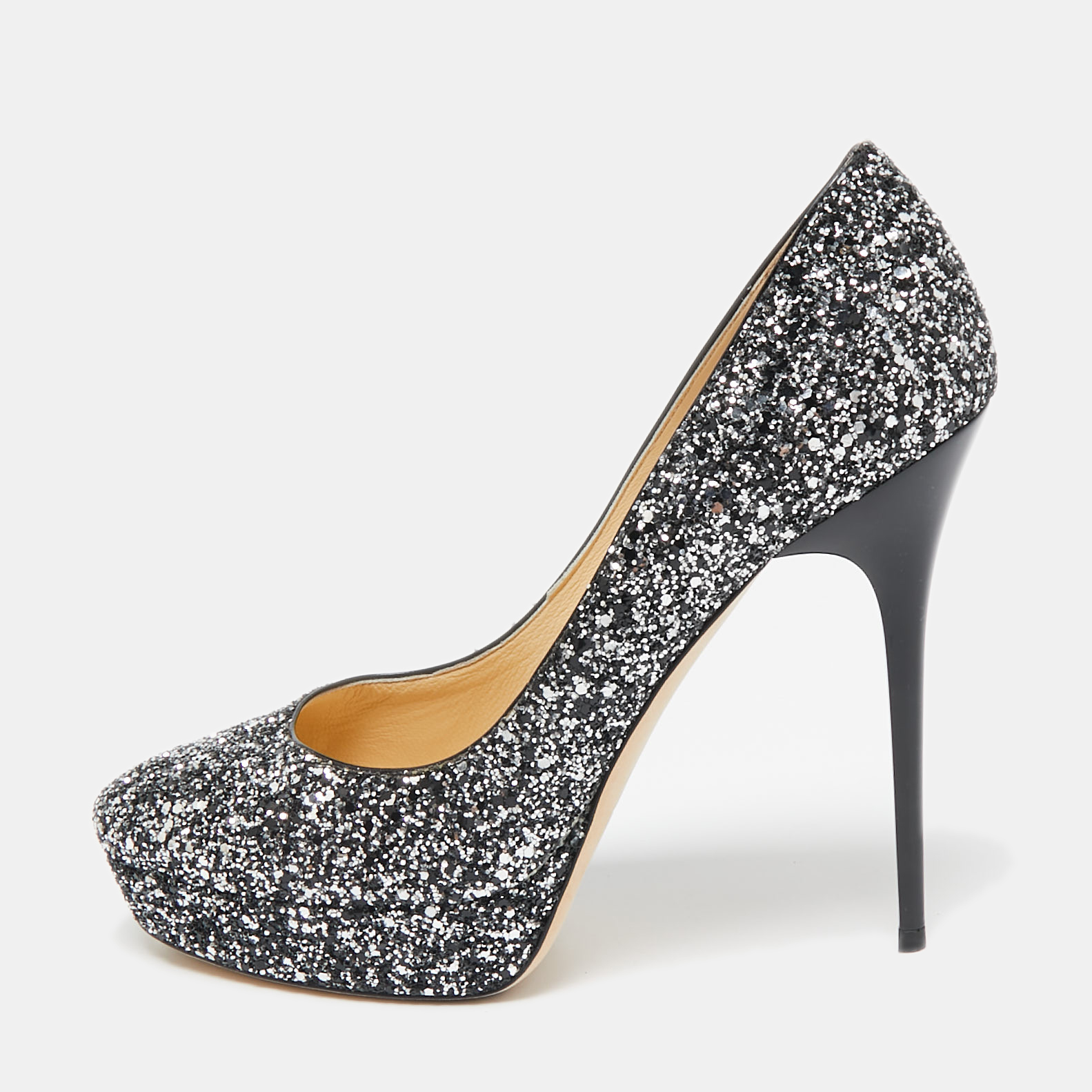 

Jimmy Choo Silver/Black Glitter Cosmic Platform Pumps Size