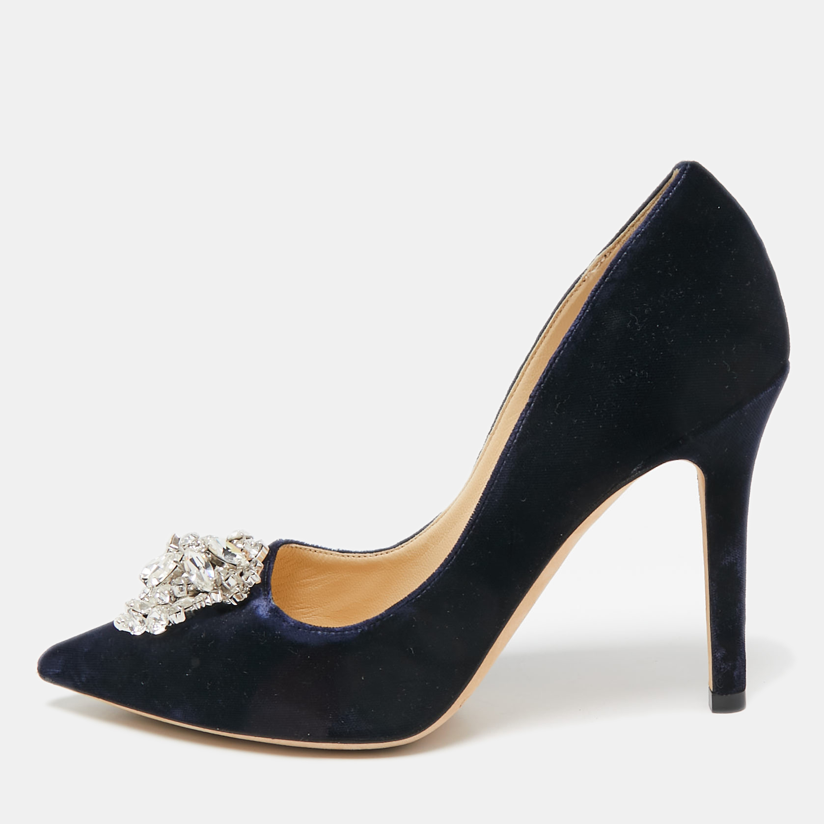 

Jimmy Choo Navy Blue Velvet Crystal Embellished Manda Pumps Size