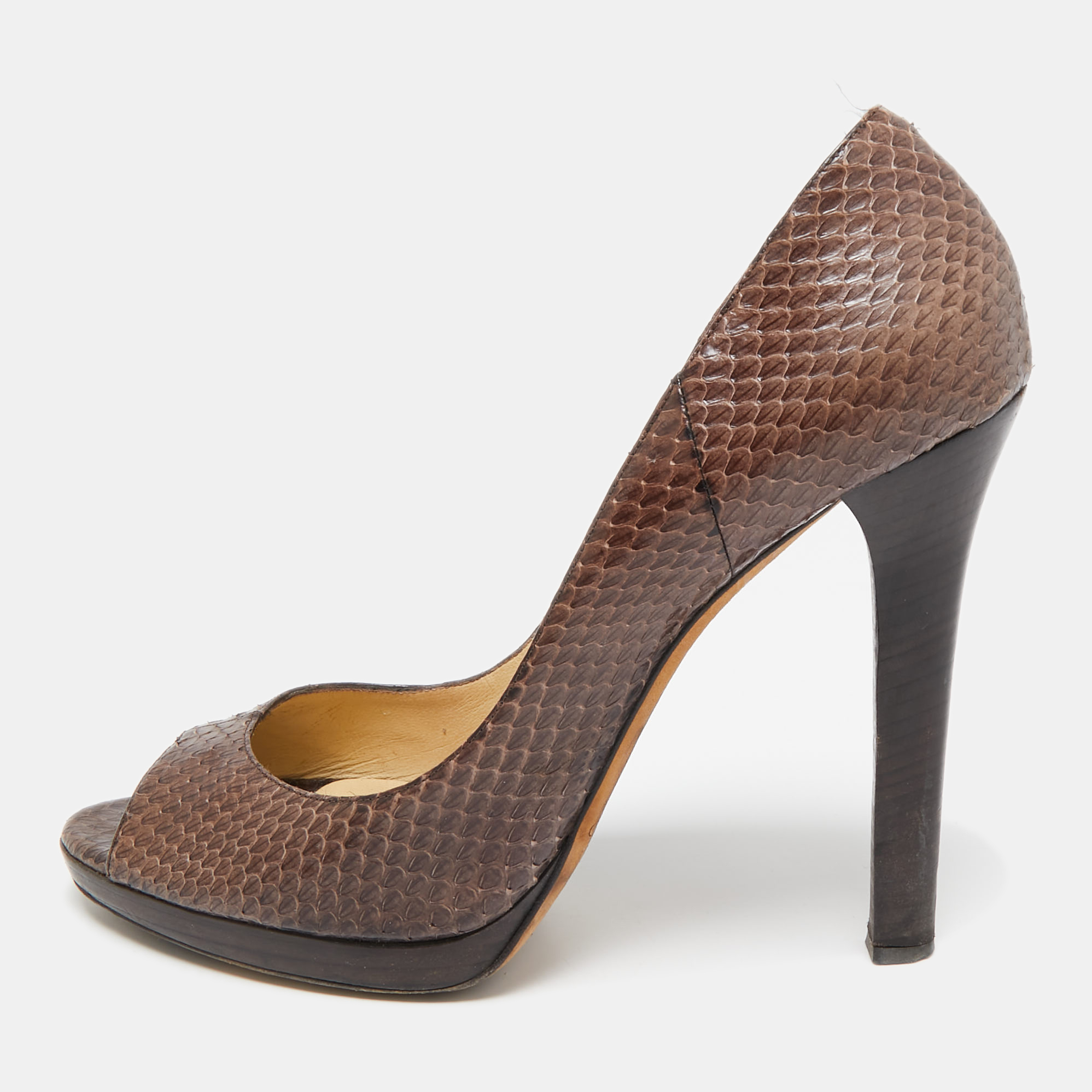 

Jimmy Choo Brown Python Leather Peep Toe Pumps Size