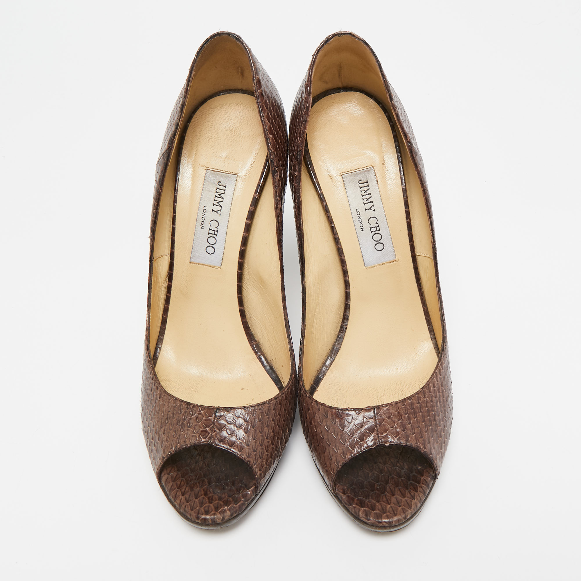 Jimmy Choo Brown Python Leather Peep Toe Pumps Size 41 