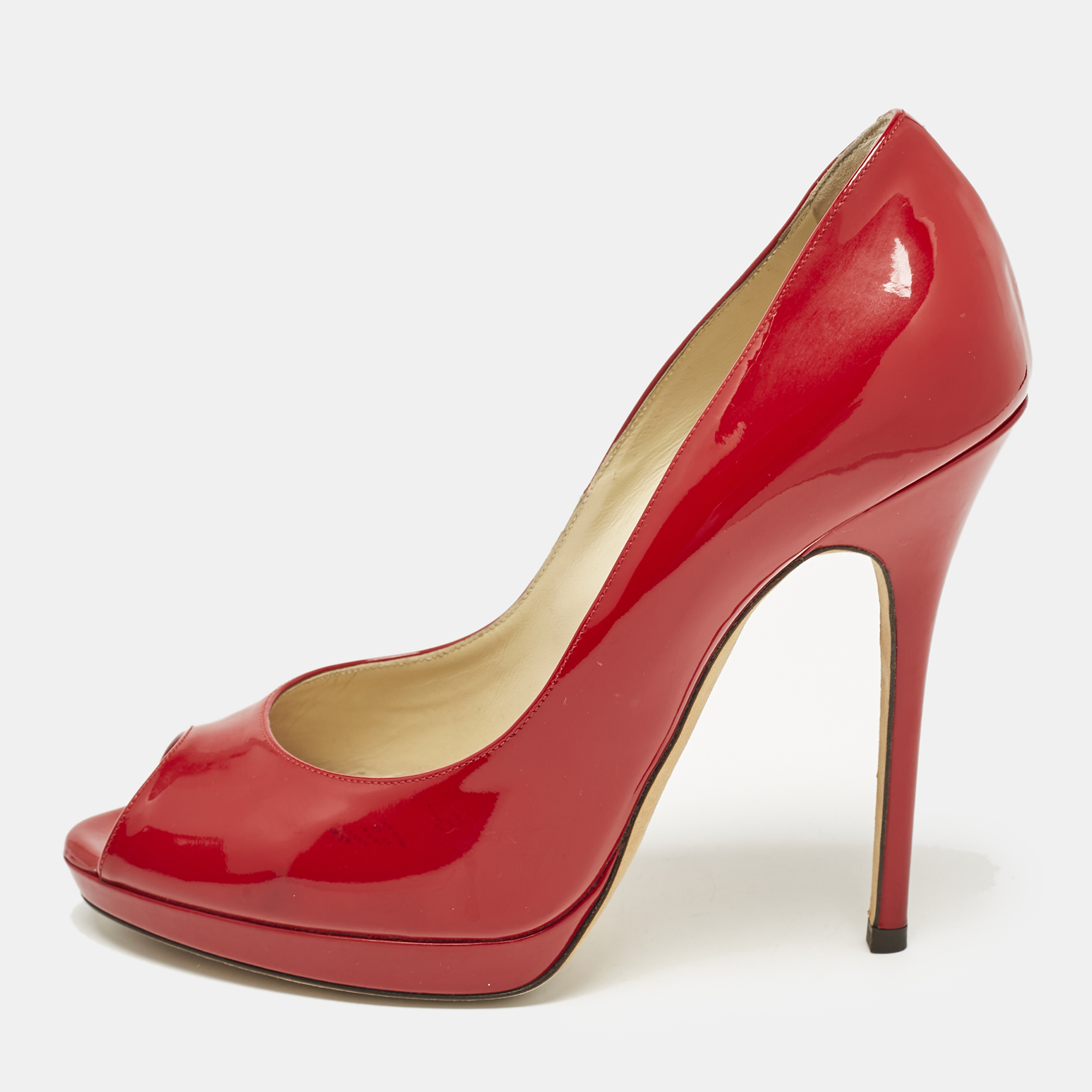 

Jimmy Choo Red Patent Leather Quiet Peep Toe Pumps Size