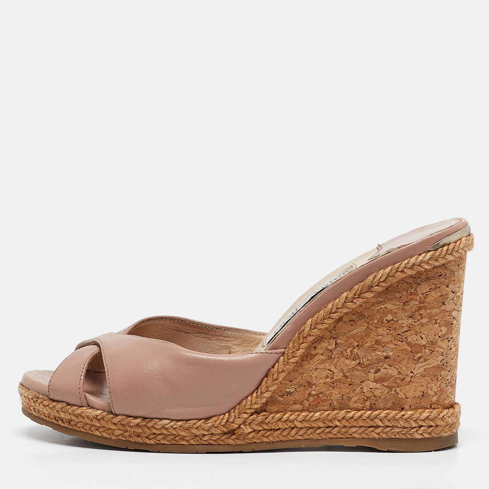 

Jimmy Choo Pink Leather Almer Espadrille Cork Wedge Sandals Size