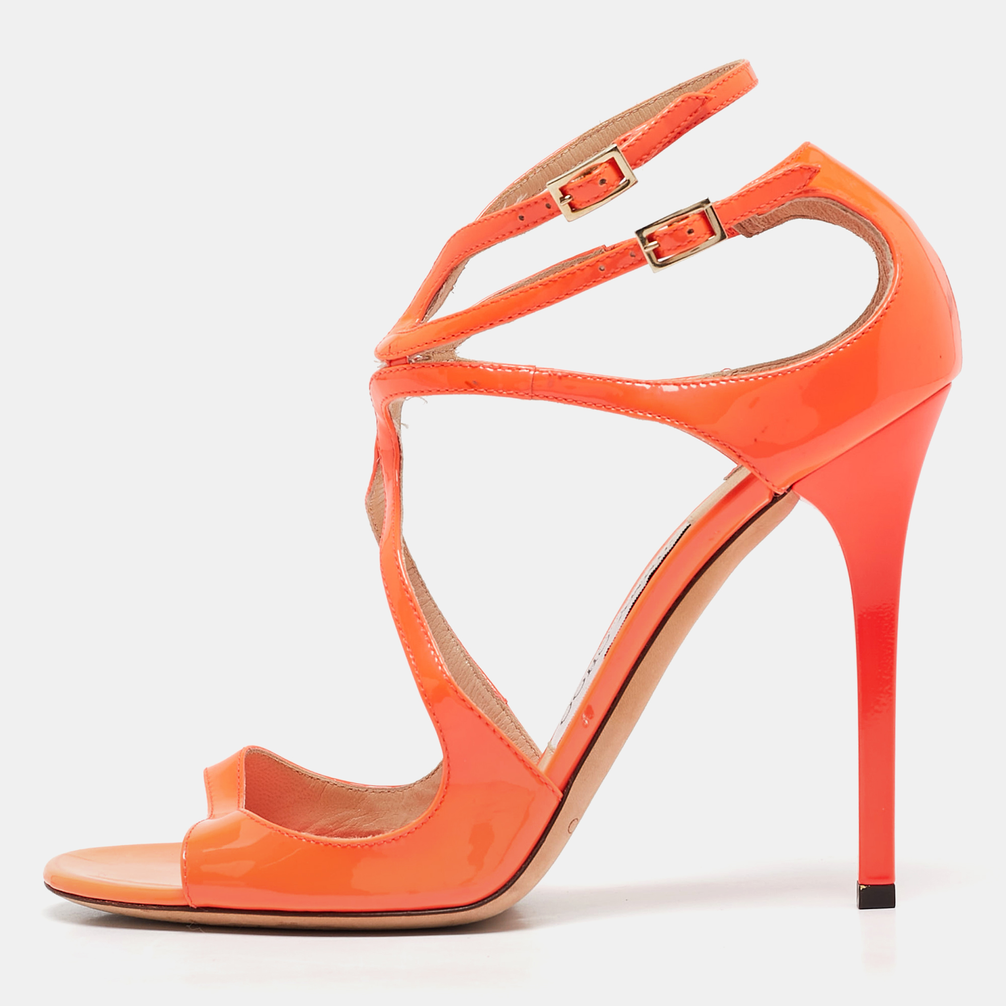 

Jimmy Choo Orange Patent Leather Ankle Strap Sandals Size