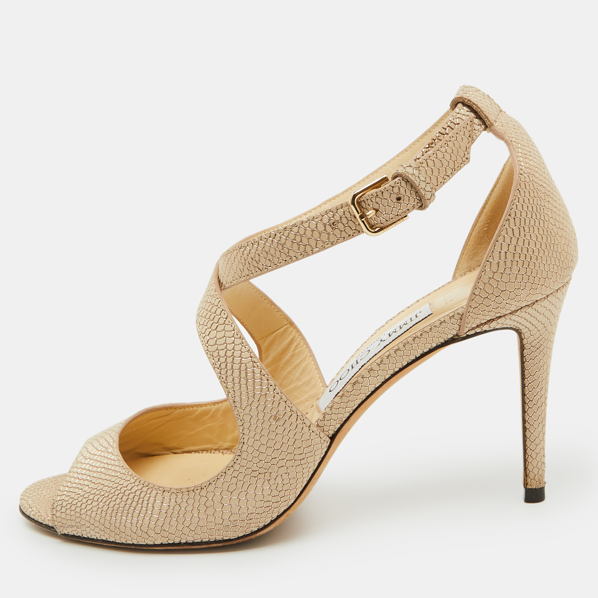 

Jimmy Choo Beige Textured Leather Emily Cross Strap Sandals Size