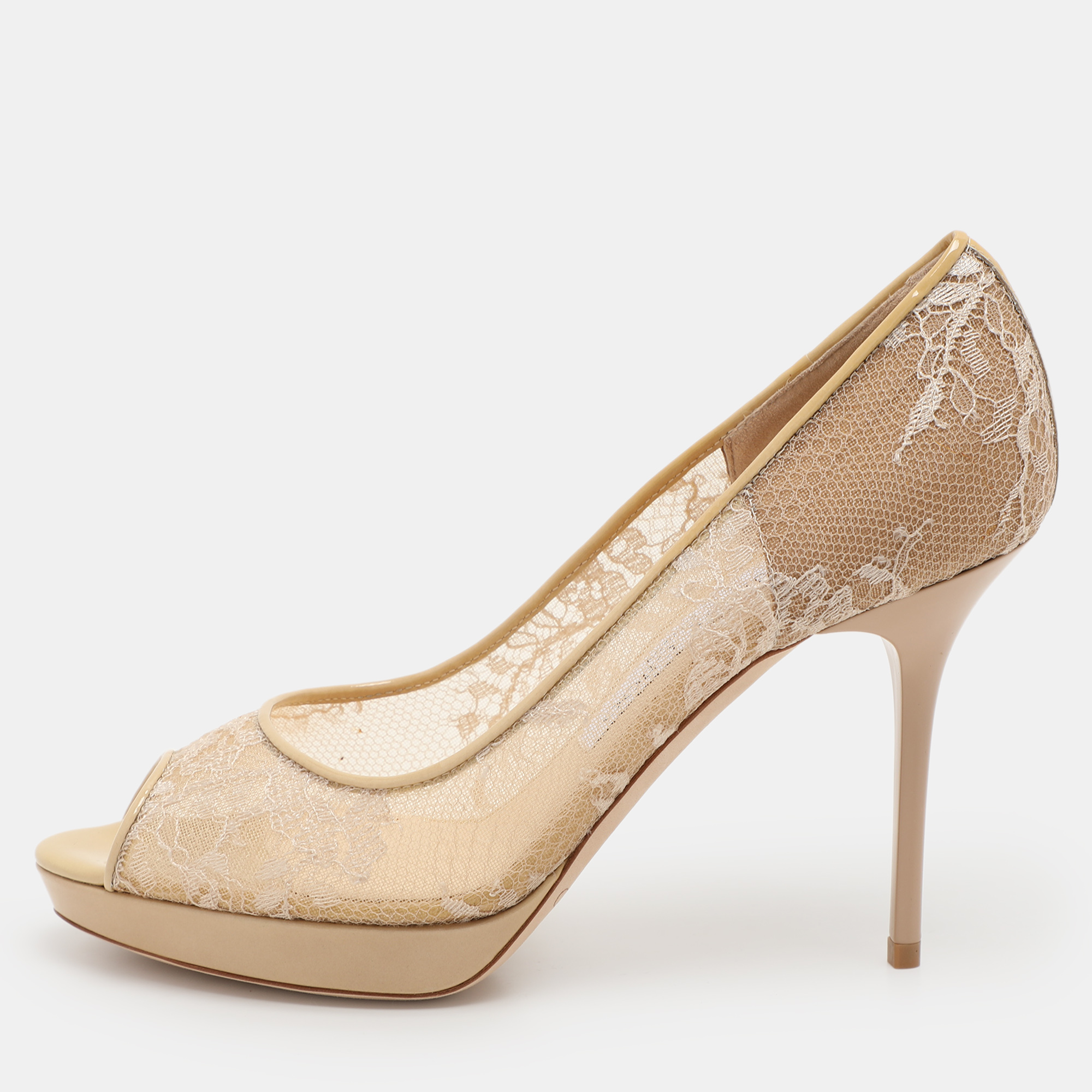 

Jimmy Choo Beige Lace Luna Peep Toe Pumps Size