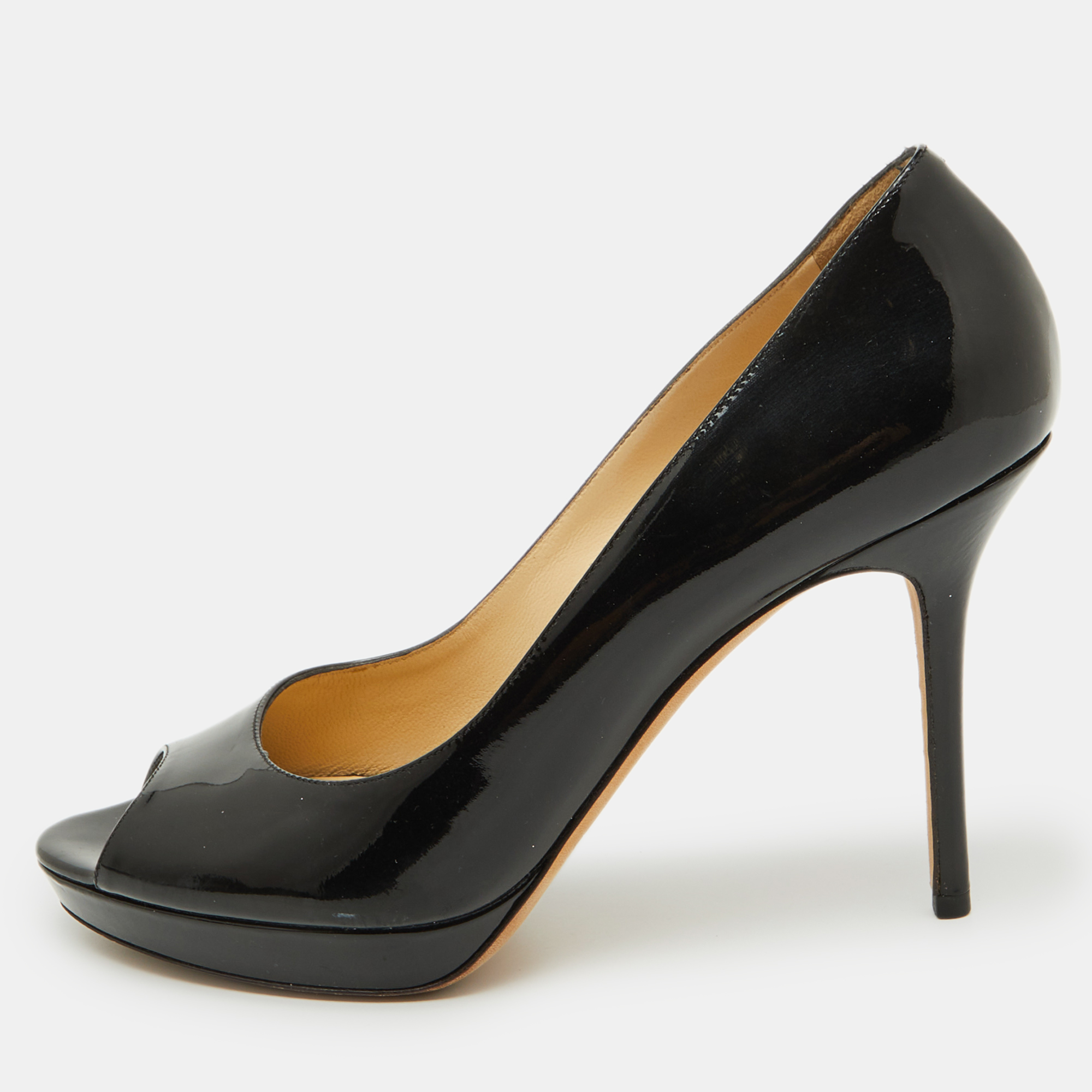 

Jimmy Choo Black Patent Leather Crown Platform Peep Toe Pumps Size