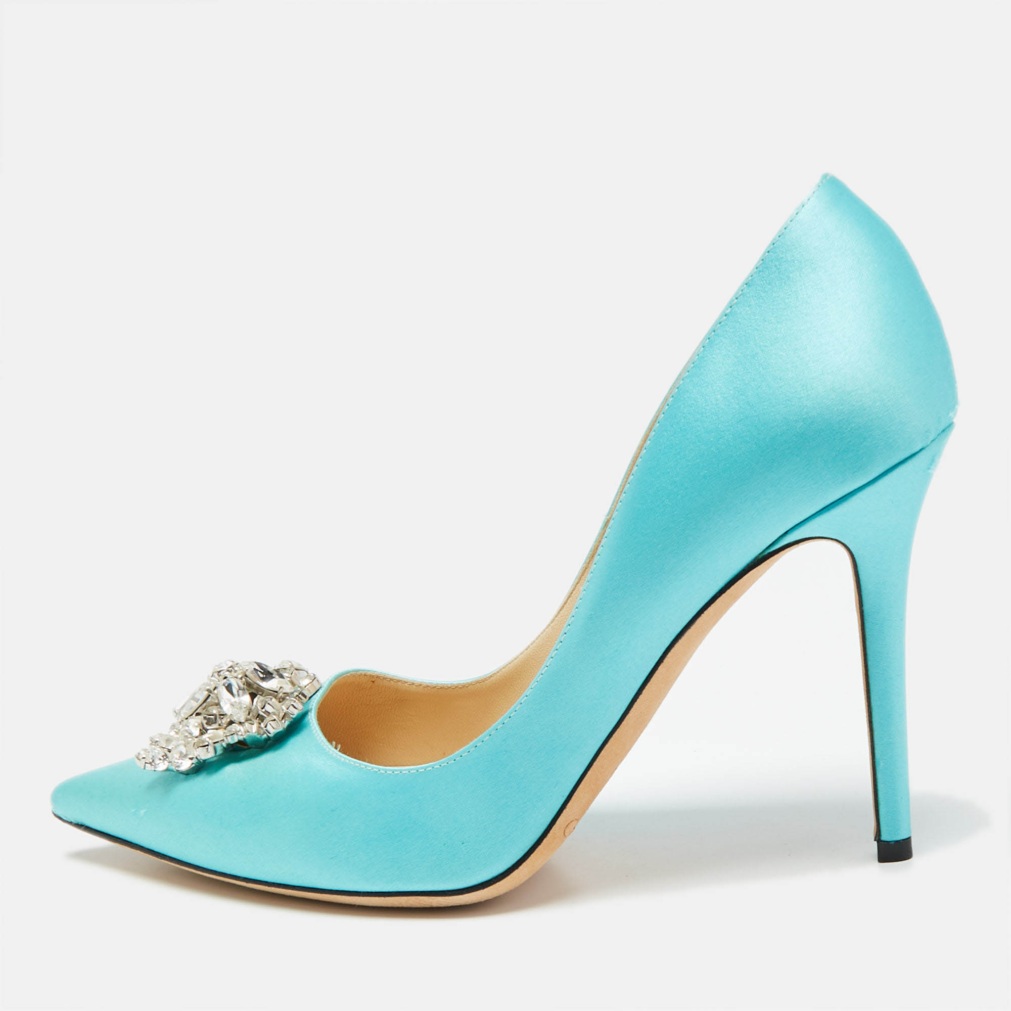 

Jimmy Choo Blue Satin Crystal Embellished Pumps Size