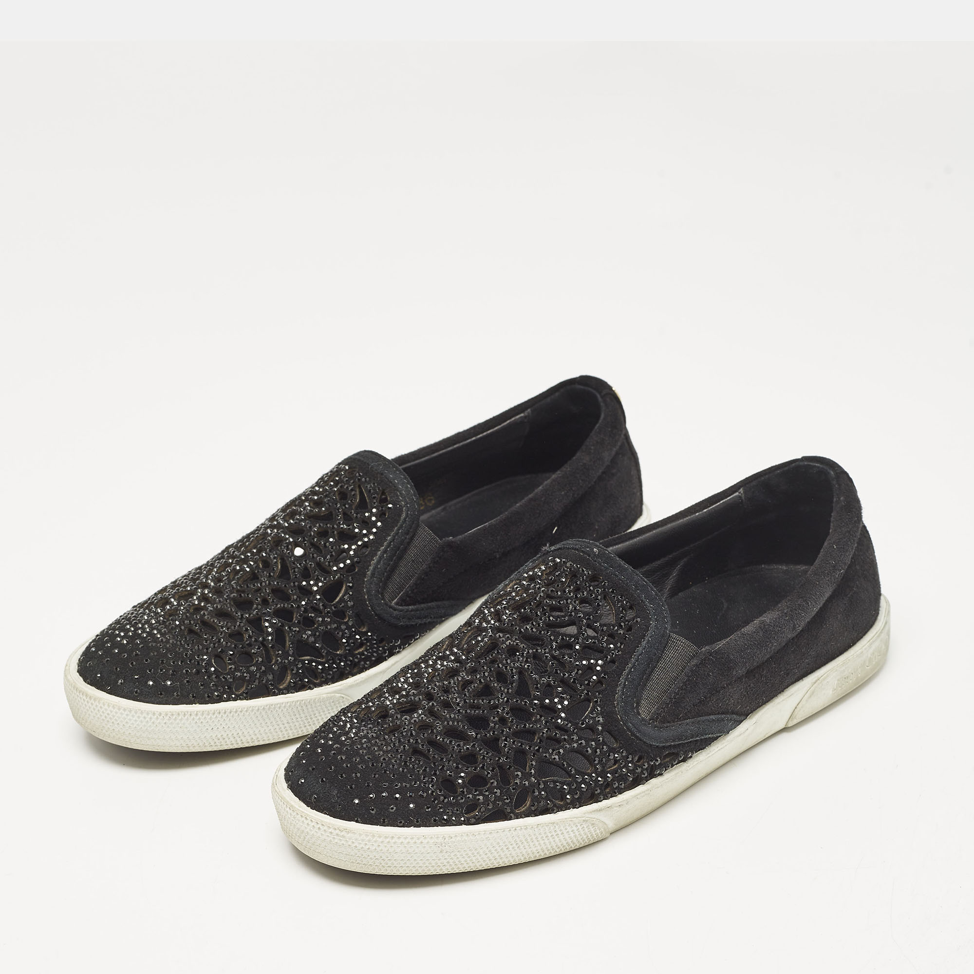 Jimmy Choo Black Suede Crystal Embellished Cut-Out Slip On Sneakers Size 36 