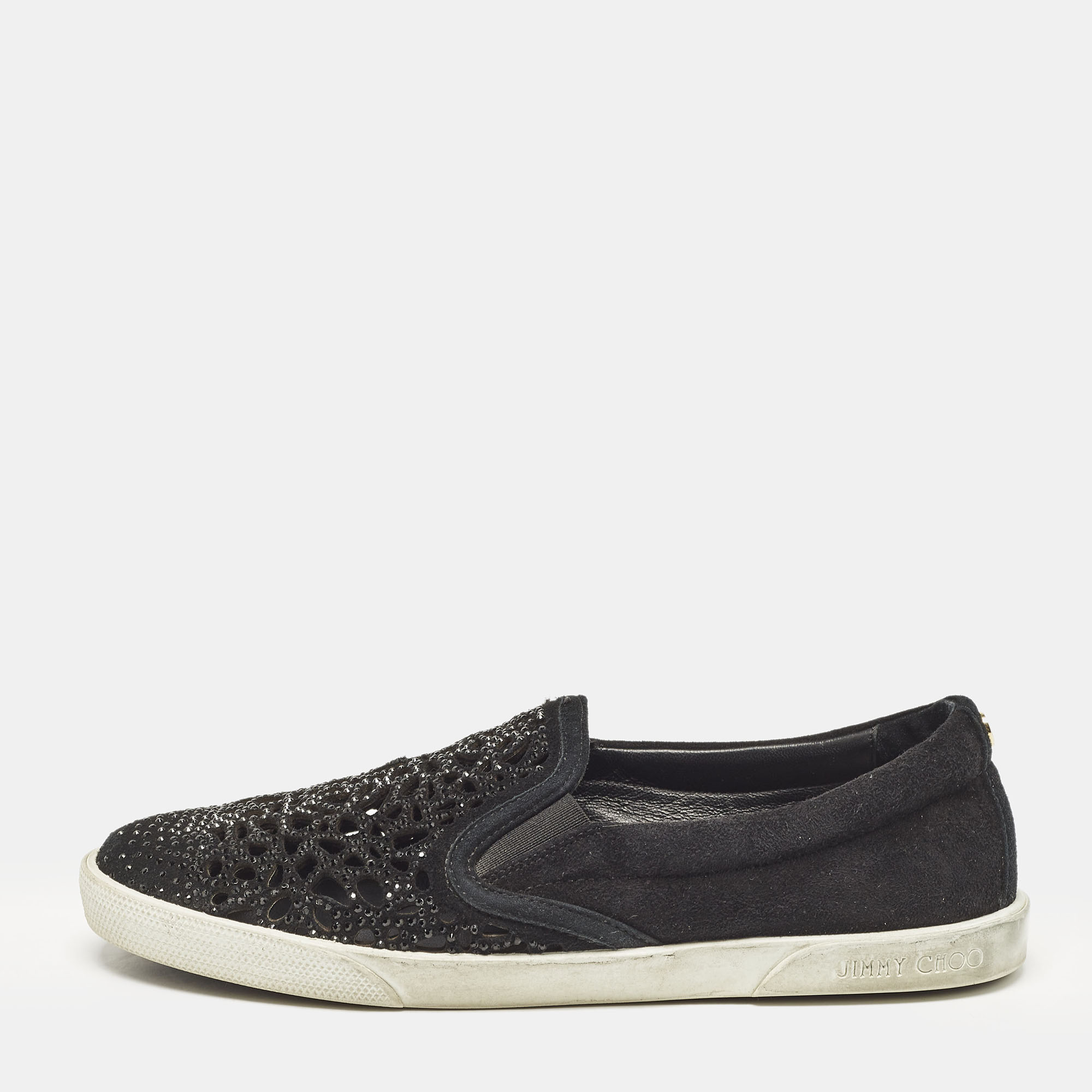 

Jimmy Choo Black Suede Crystal Embellished Cut-Out Slip On Sneakers Size