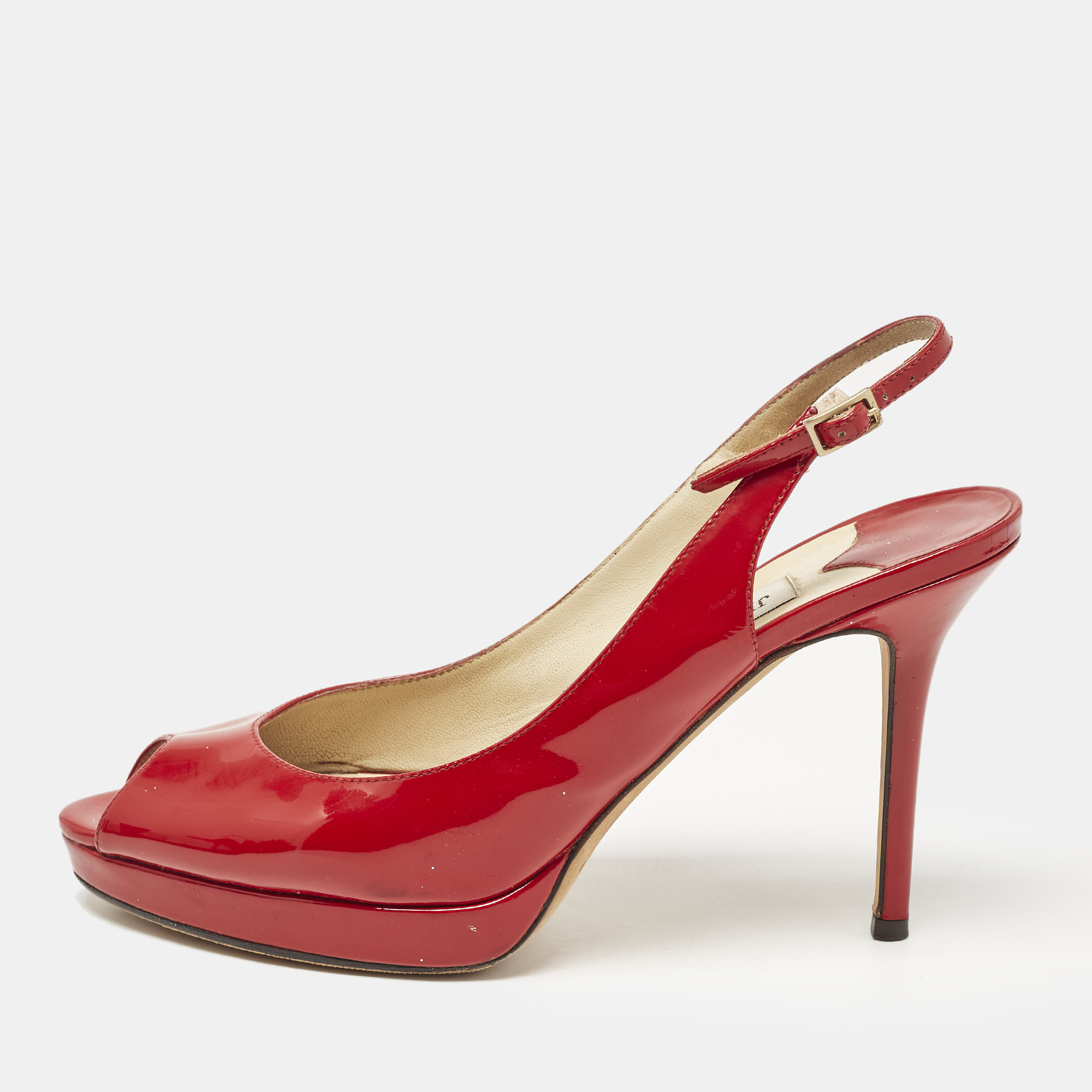 

Jimmy Choo Red Patent Leather Clue Peep Toe Slingback Pumps Size