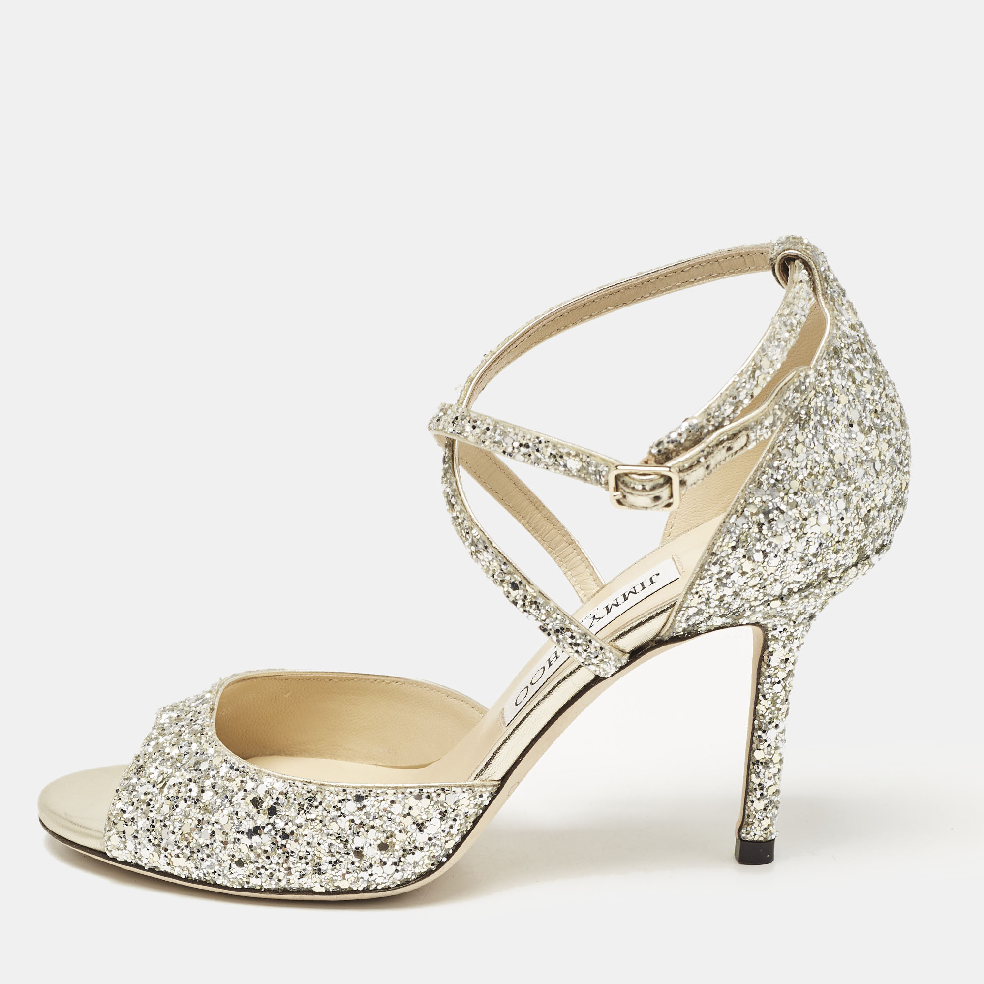 

Jimmy Choo Silver Glitter Emsy Ankle Strap Sandals Size