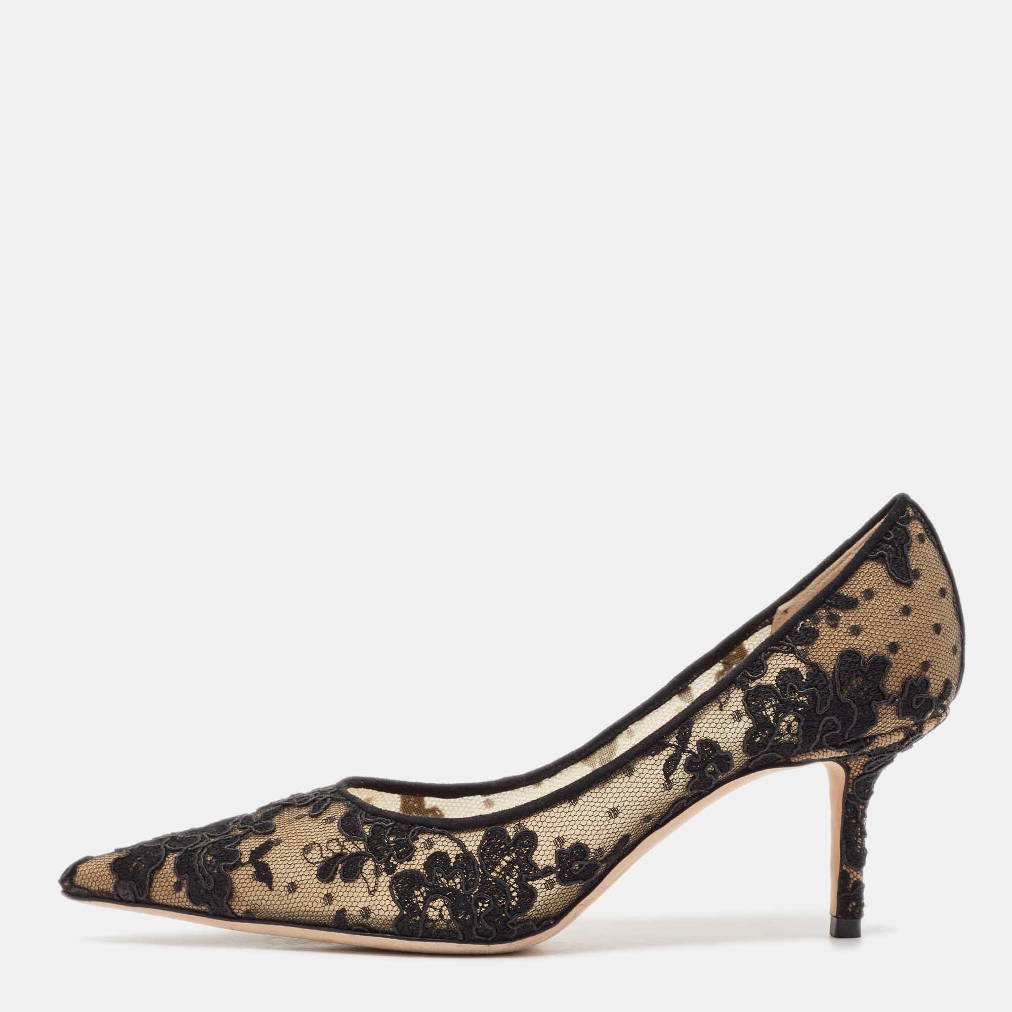 

Jimmy Choo Black Floral Lace and Mesh Abel Pointed Toe Pumps Size