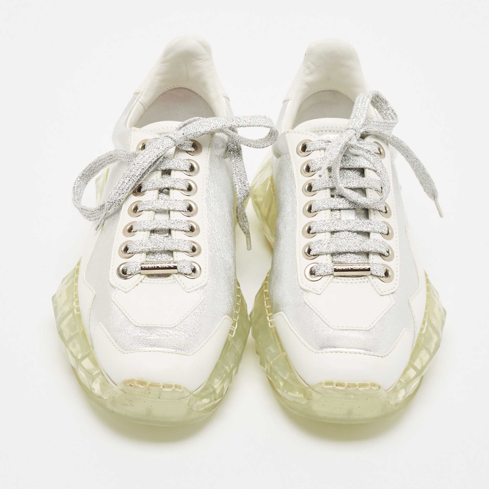 Jimmy Choo White/Silver Leather Diamond Low Top Sneakers Size 37 