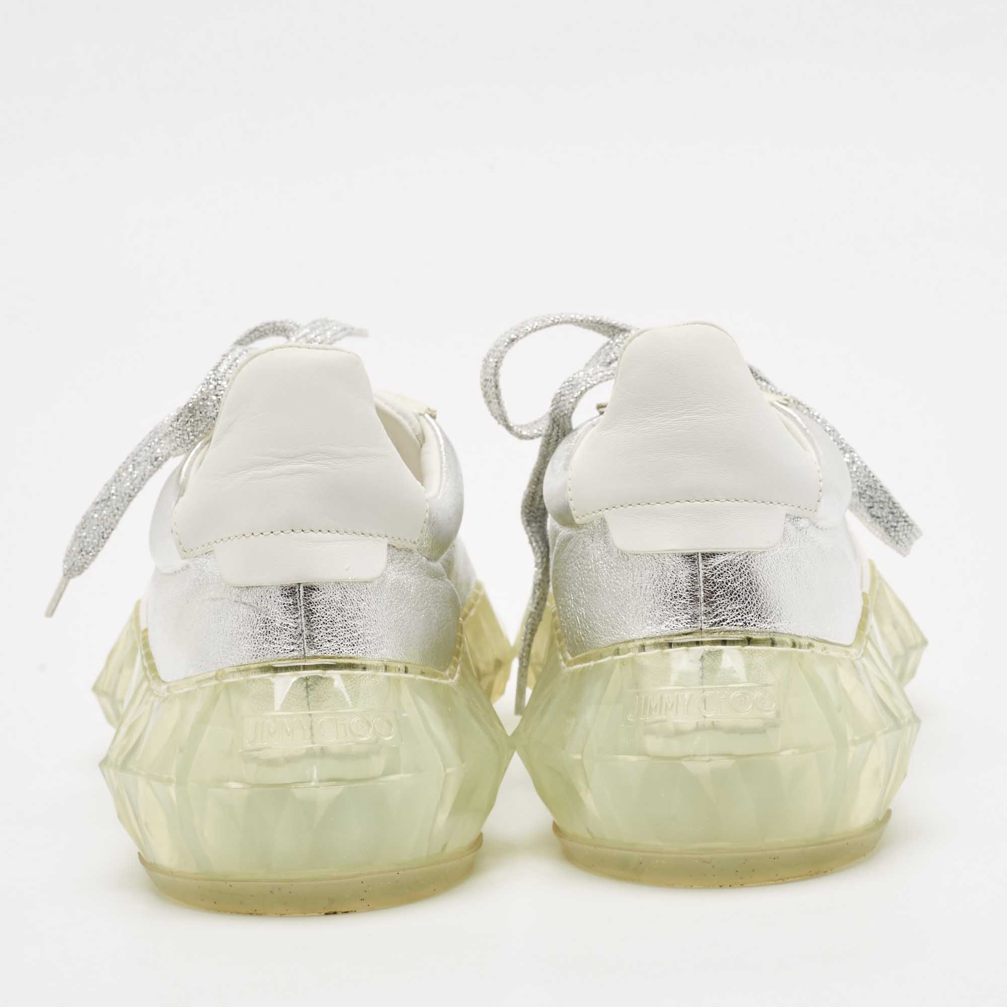 Jimmy Choo White/Silver Leather Diamond Low Top Sneakers Size 37 