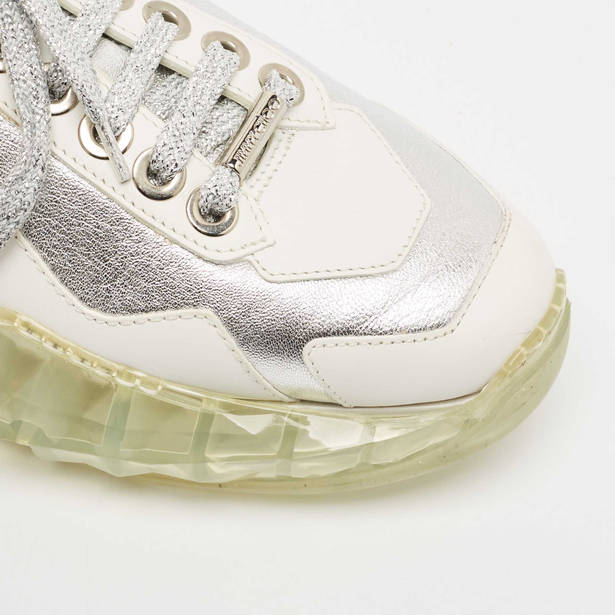 Jimmy Choo White/Silver Leather Diamond Low Top Sneakers Size 37 