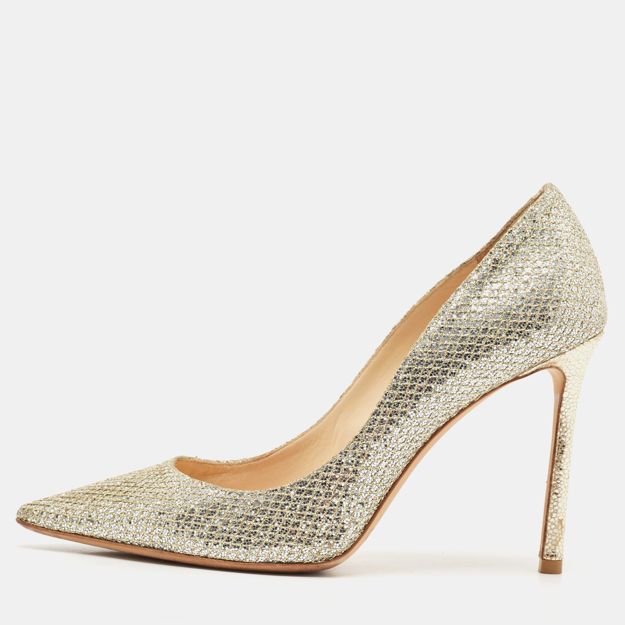 

Jimmy Choo Silver Coarse Glitter Romy Pointed Toe Pumps Size