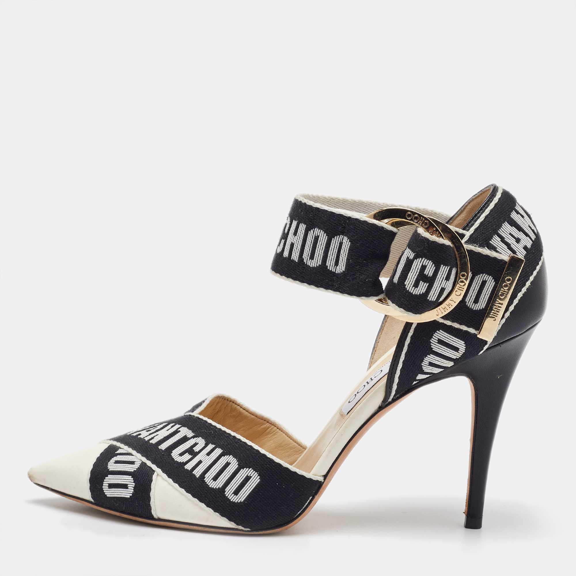 

Jimmy Choo White/Black Leather and Fabric Bea Ankle Strap Sandals Size