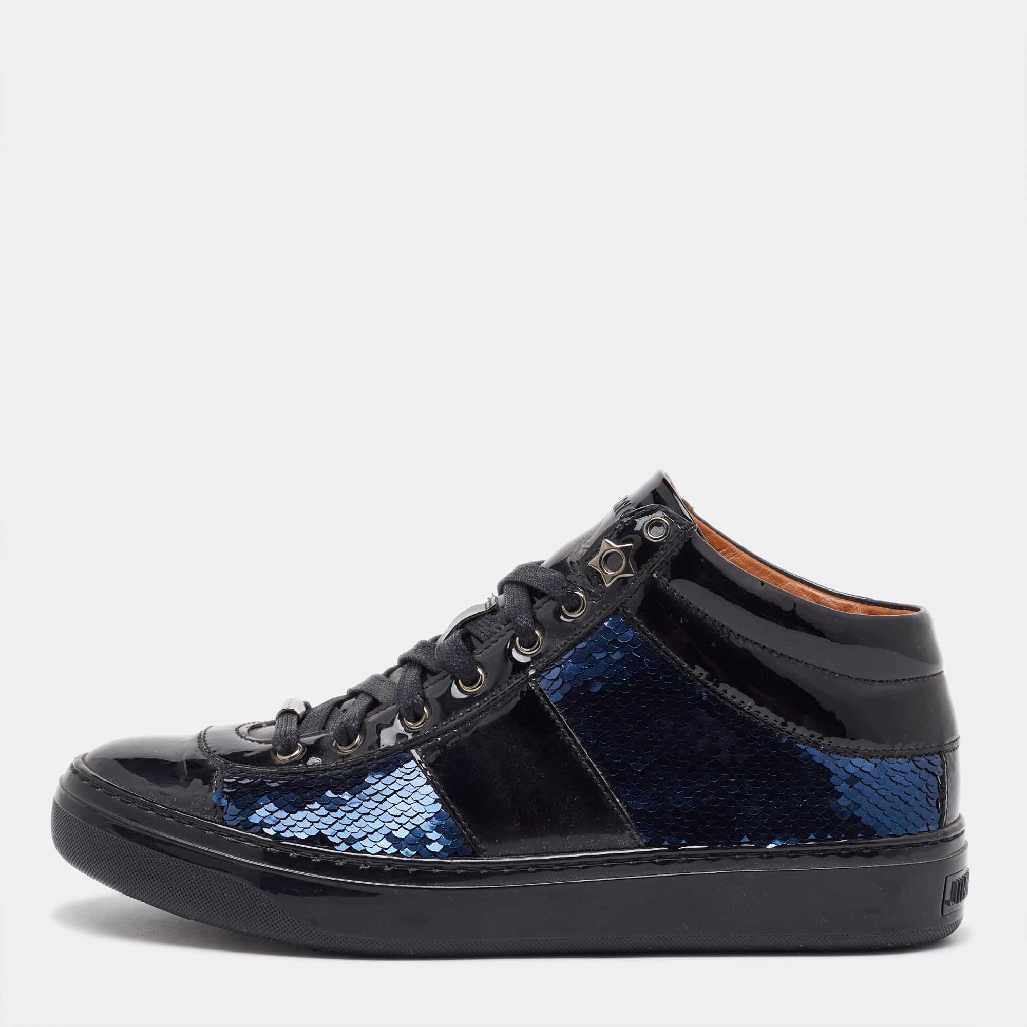 

Jimmy Choo Black/Navy Blue Patent Leather and Sequins Low Top Sneakers Size