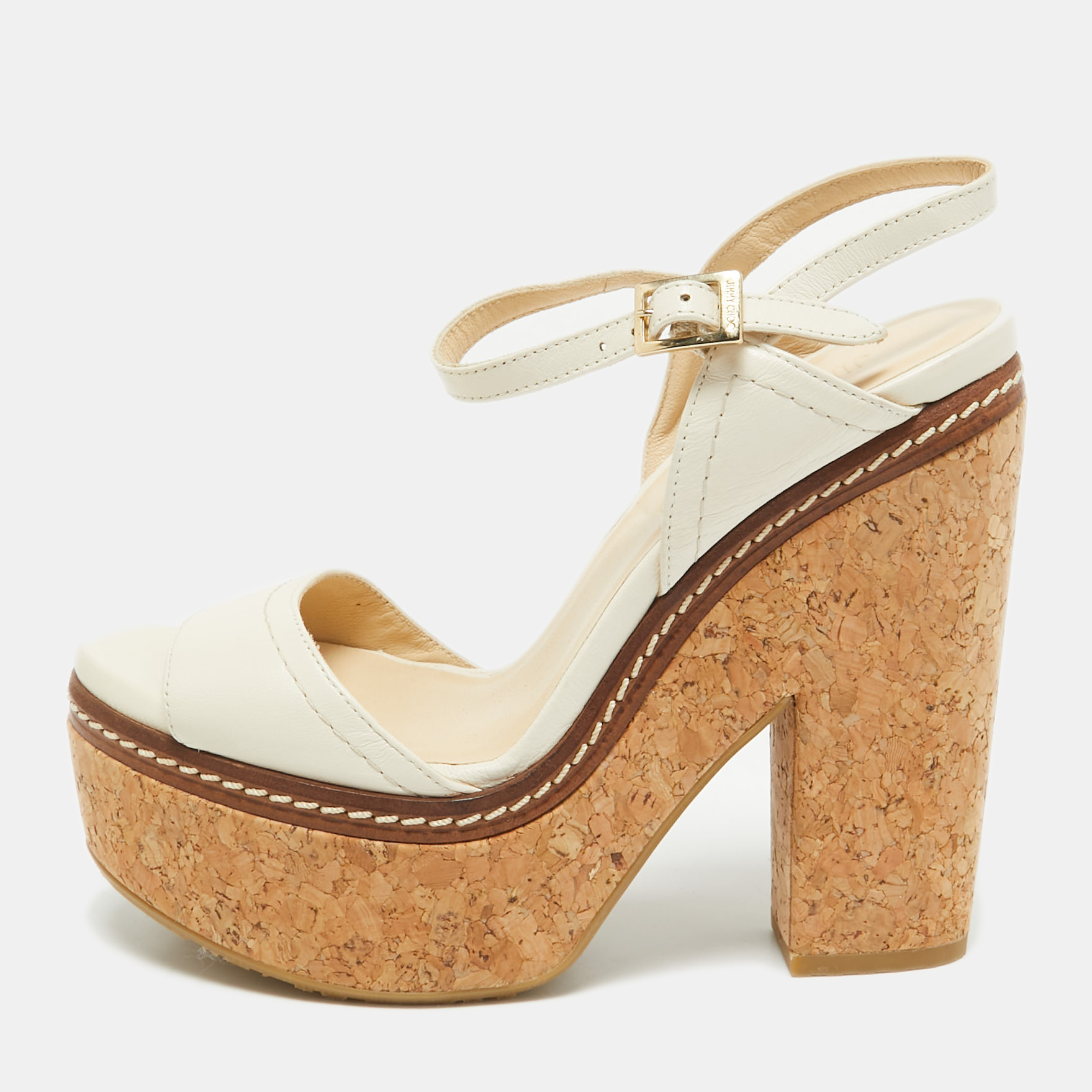 

Jimmy Choo Cream Leather Wedge Cork Platform Sandals Size