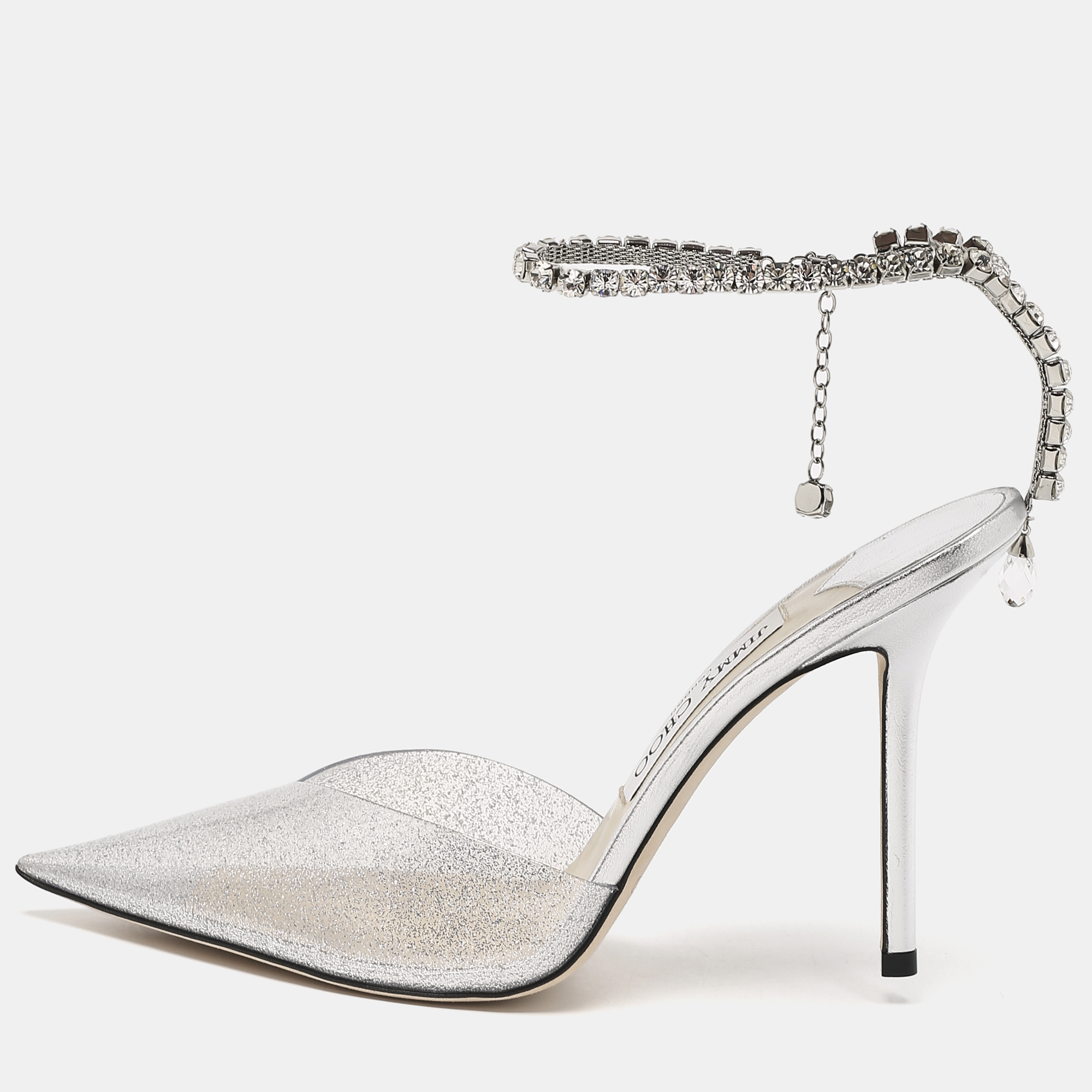 

Jimmy Choo Silver Glitter PVC Crystal Embellished Saeda Pumps Size